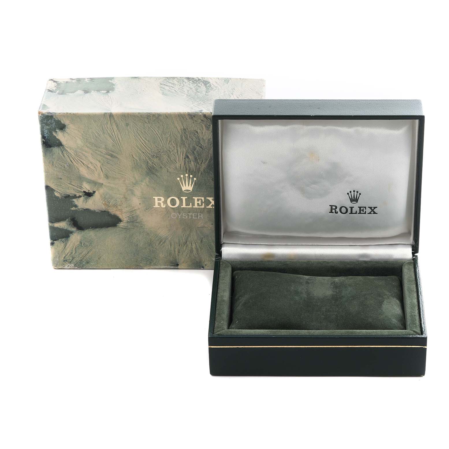 The image shows an open Rolex Datejust 16014 Men
s Stainless Steel Silver Dial 16014 Men
s Stainless Steel Silver Dial box and an outer packaging box from a front angle, displaying the brand
s logo.