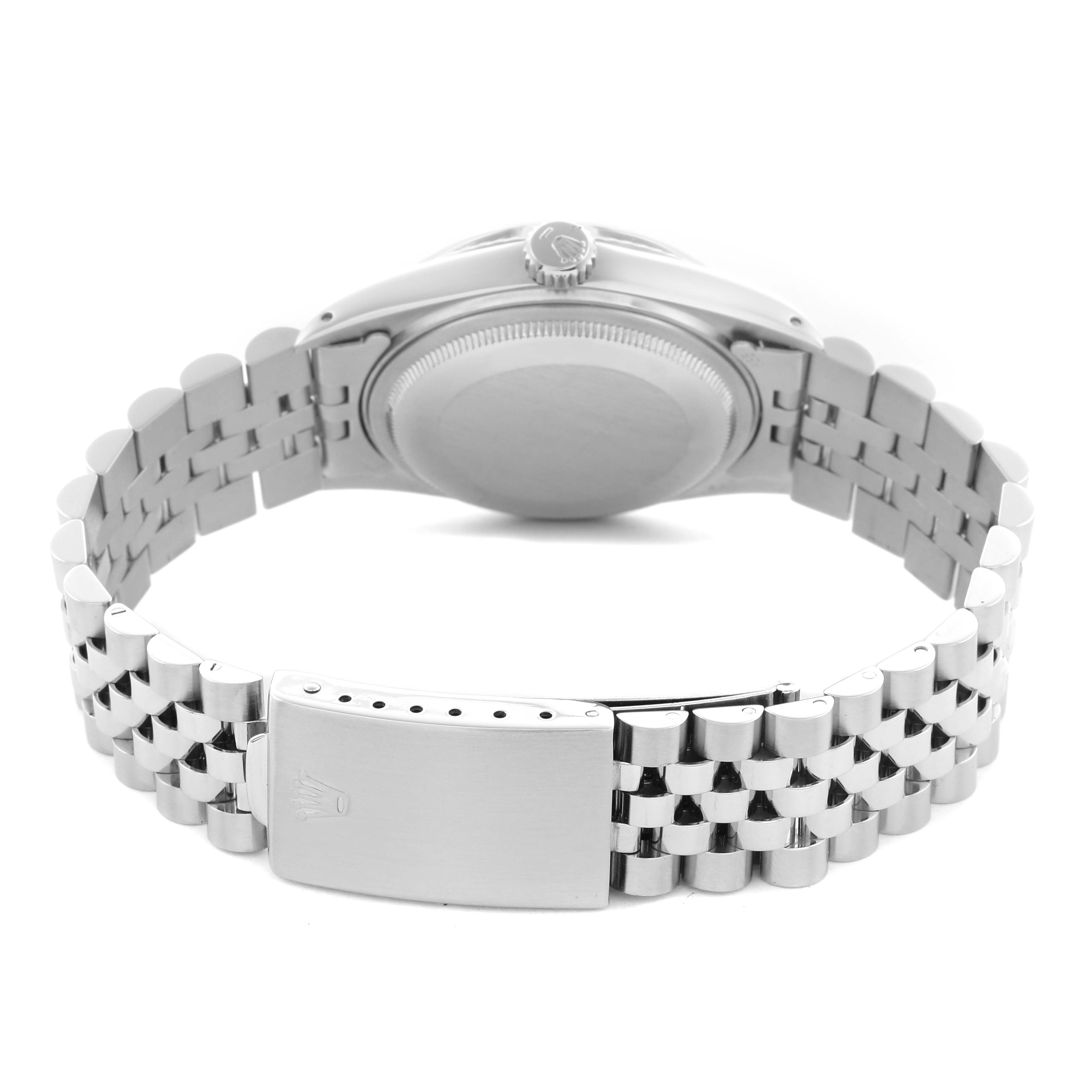 The Rolex Datejust 16014 Men
s Stainless Steel Silver Dial 16014 Men
s Stainless Steel Silver Dial watch is shown from the back, highlighting the clasp, bracelet, and case back.
