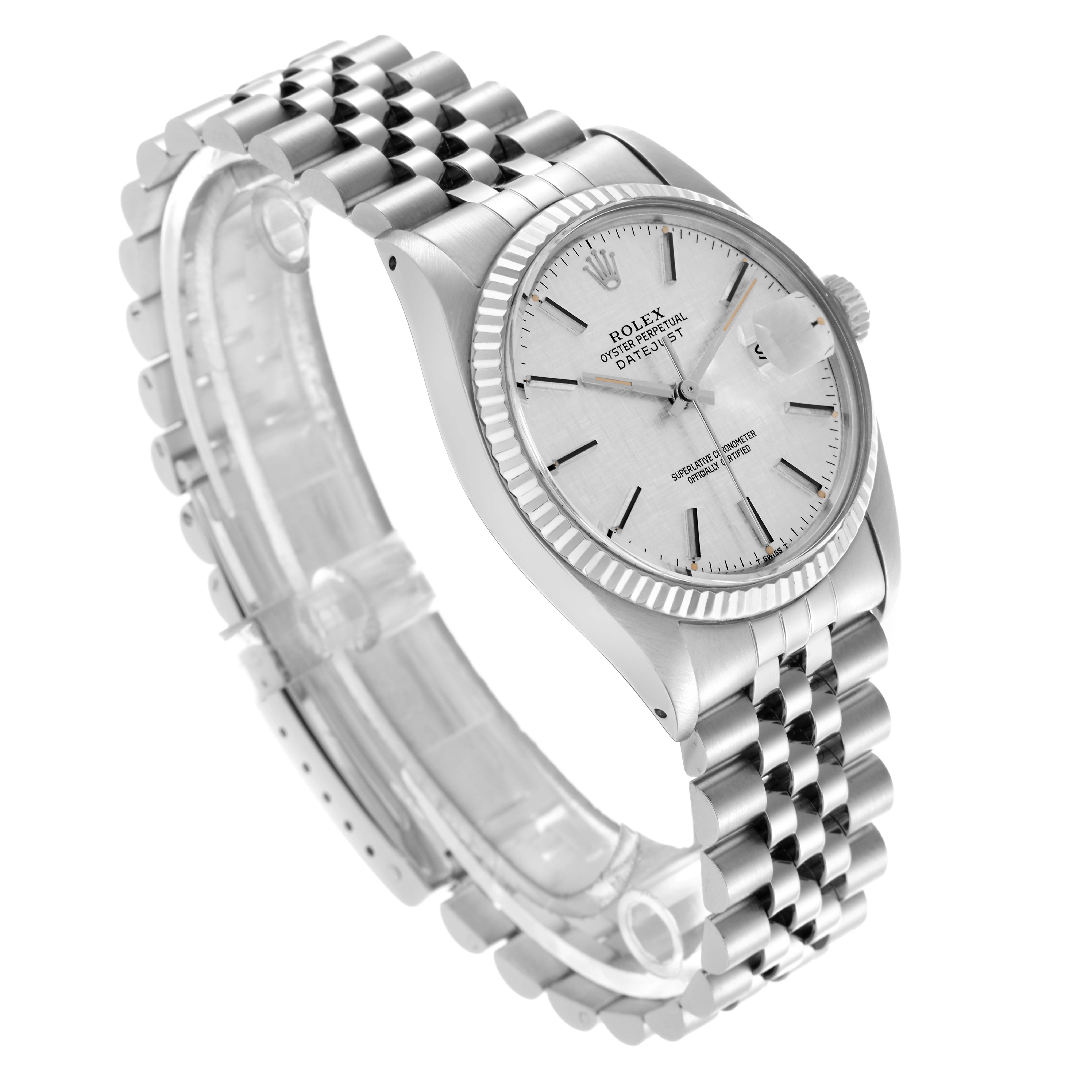 The Rolex Datejust 16014 Men
s Stainless Steel Silver Dial 16014 Men
s Stainless Steel Silver Dial watch is angled to show the face, fluted bezel, and Jubilee bracelet.