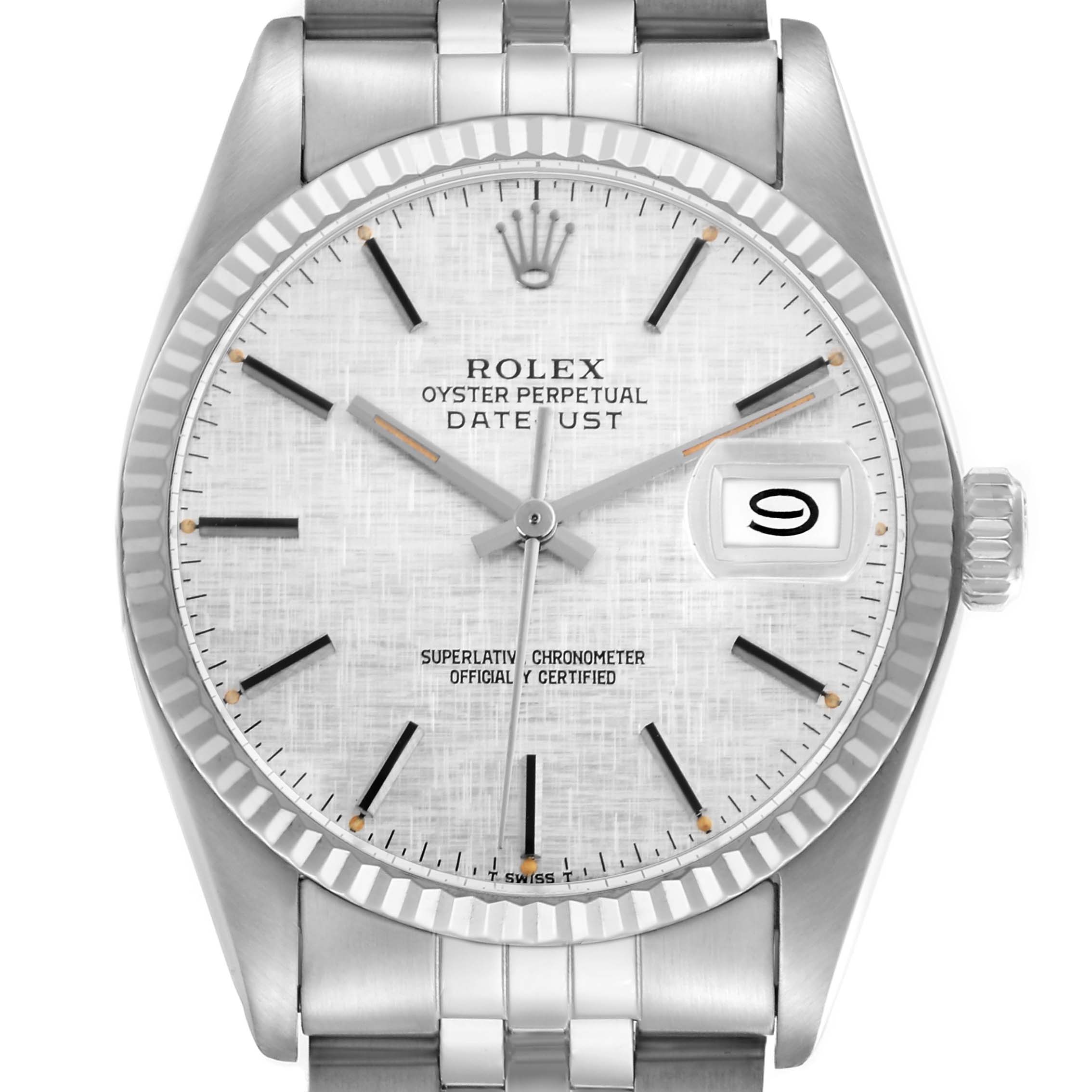 The Rolex Datejust 16014 Men
s Stainless Steel Silver Dial 16014 Men
s Stainless Steel Silver Dial watch is shown from the front, highlighting the dial, bezel, hands, markers, date, and crown.