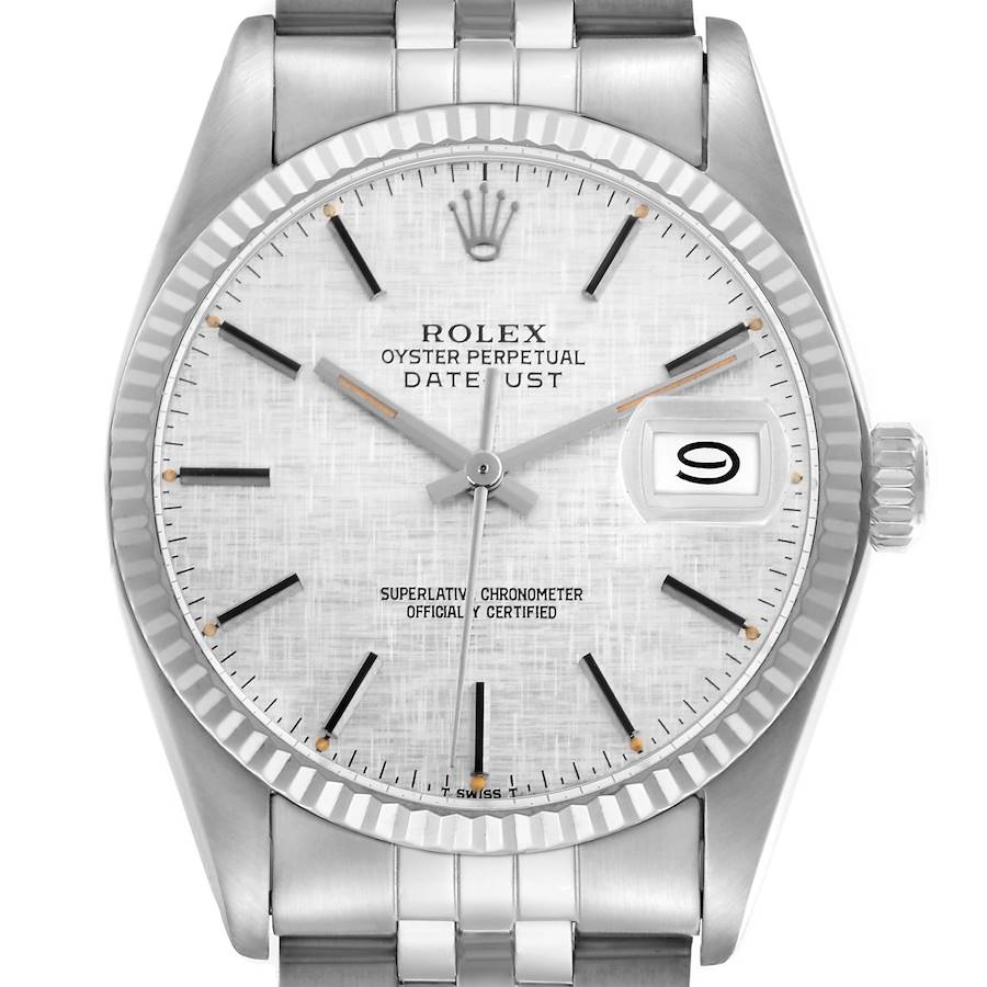 The Rolex Datejust watch is shown from the front, highlighting the dial, bezel, hands, markers, date, and crown.