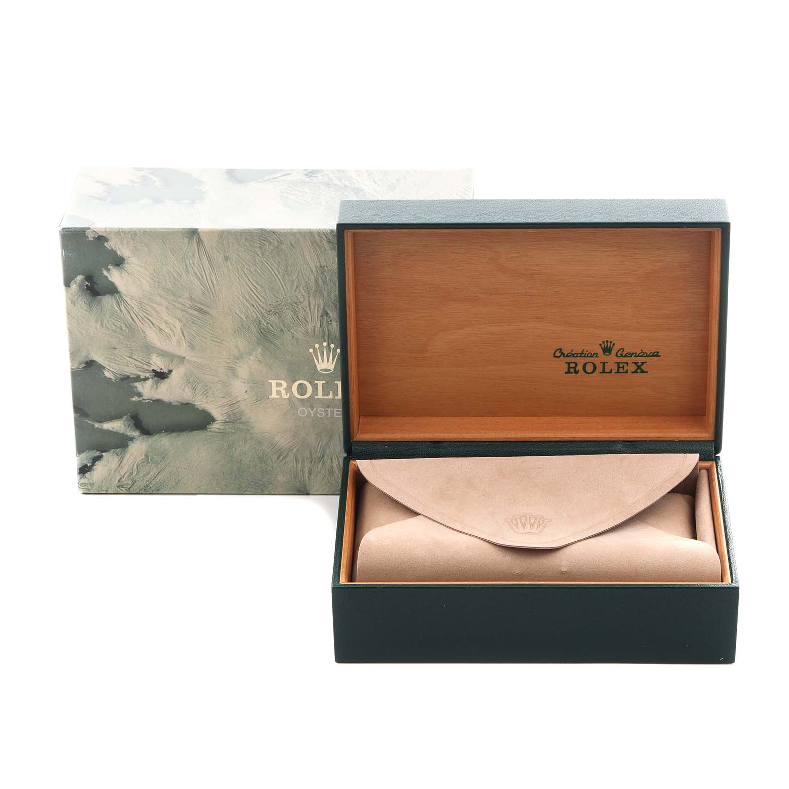 The image shows a Rolex Datejust 16233 Men
s Steel and Gold (two tone) Champagne Dial 16233 Men
s Steel and Gold (two tone) Champagne Dial box and outer packaging, with the watch inside a suede pouch.