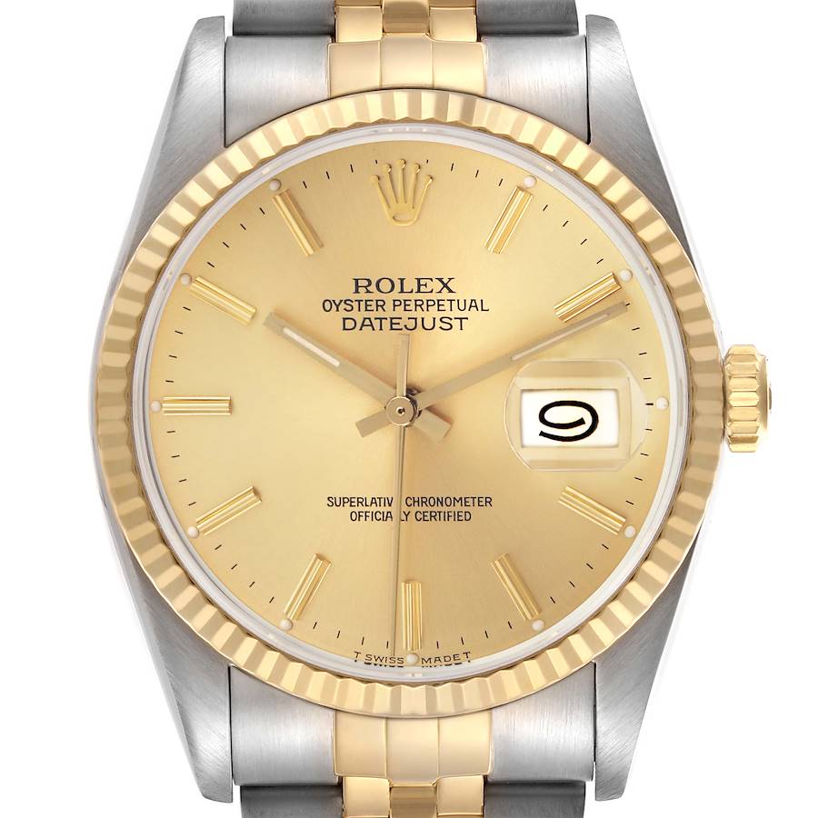 The Rolex Datejust is shown from a front view, highlighting the dial, bezel, crown, and part of the bracelet.