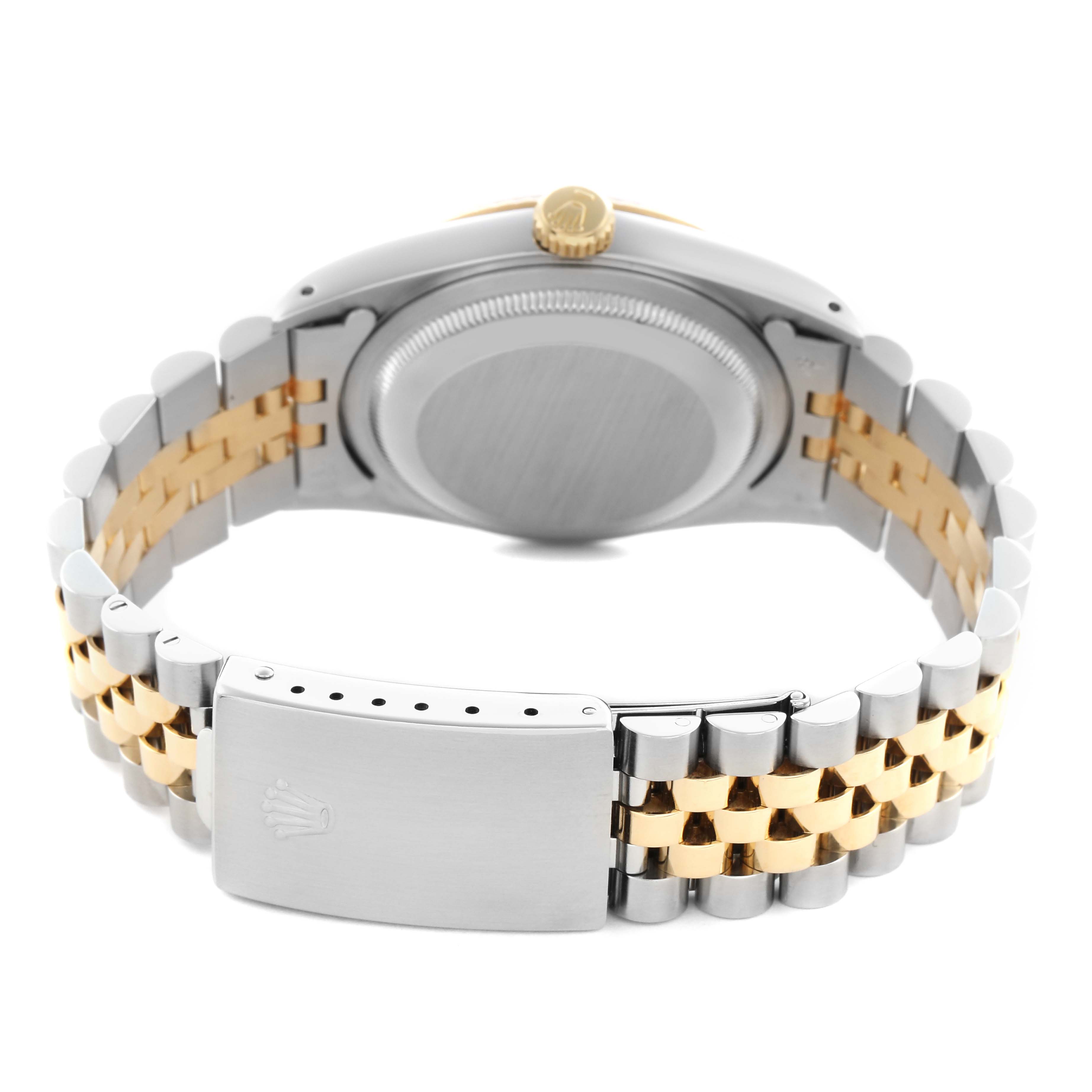 The image shows the back and side profile of a Rolex Datejust 16233 Men
s Steel and Gold (two tone) Champagne Dial 16233 Men
s Steel and Gold (two tone) Champagne Dial, highlighting the case, crown, and two-tone bracelet with clasp.