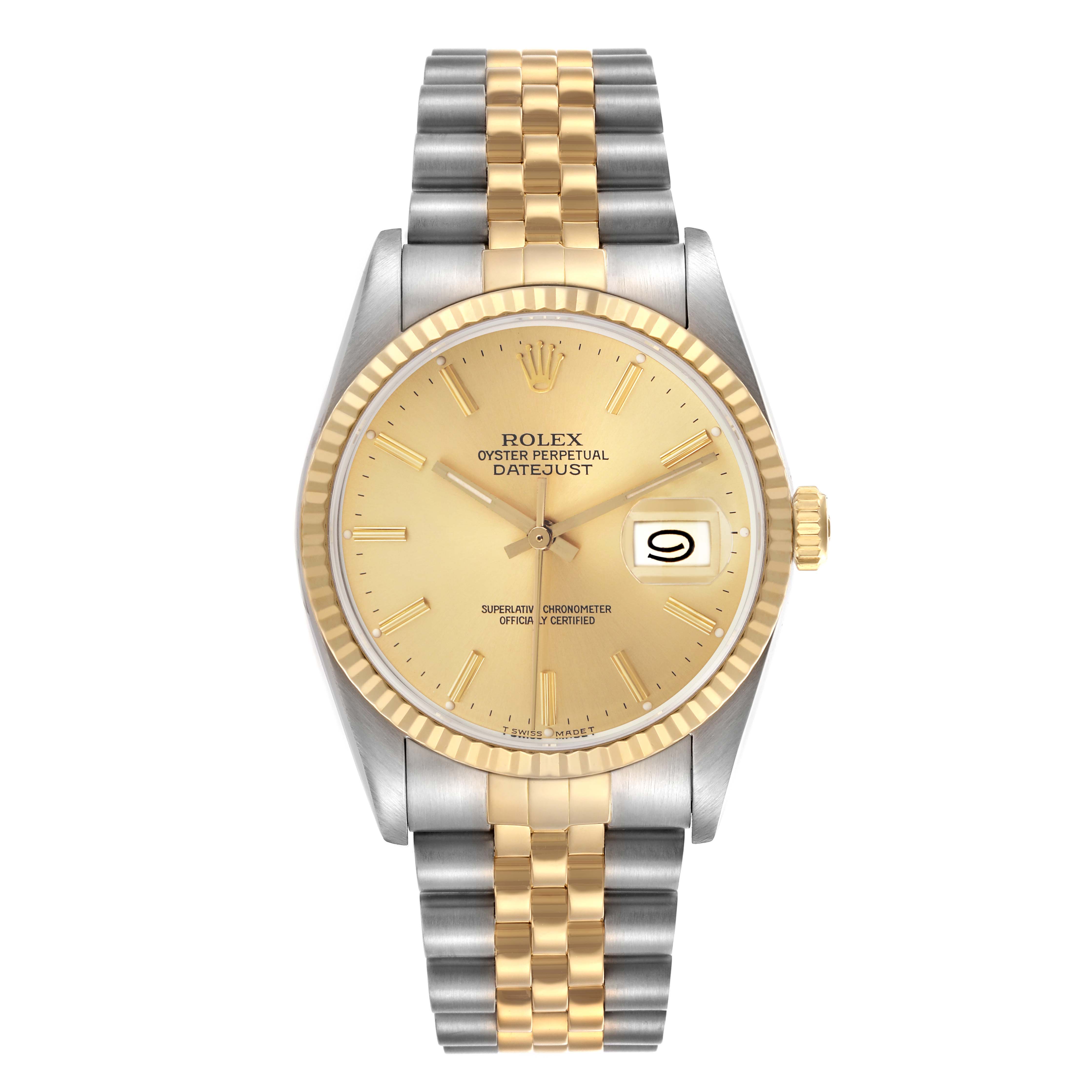 The Rolex Datejust 16233 Men
s Steel and Gold (two tone) Champagne Dial 16233 Men
s Steel and Gold (two tone) Champagne Dial watch is shown from a front angle, displaying the dial, bezel, and two-tone bracelet.