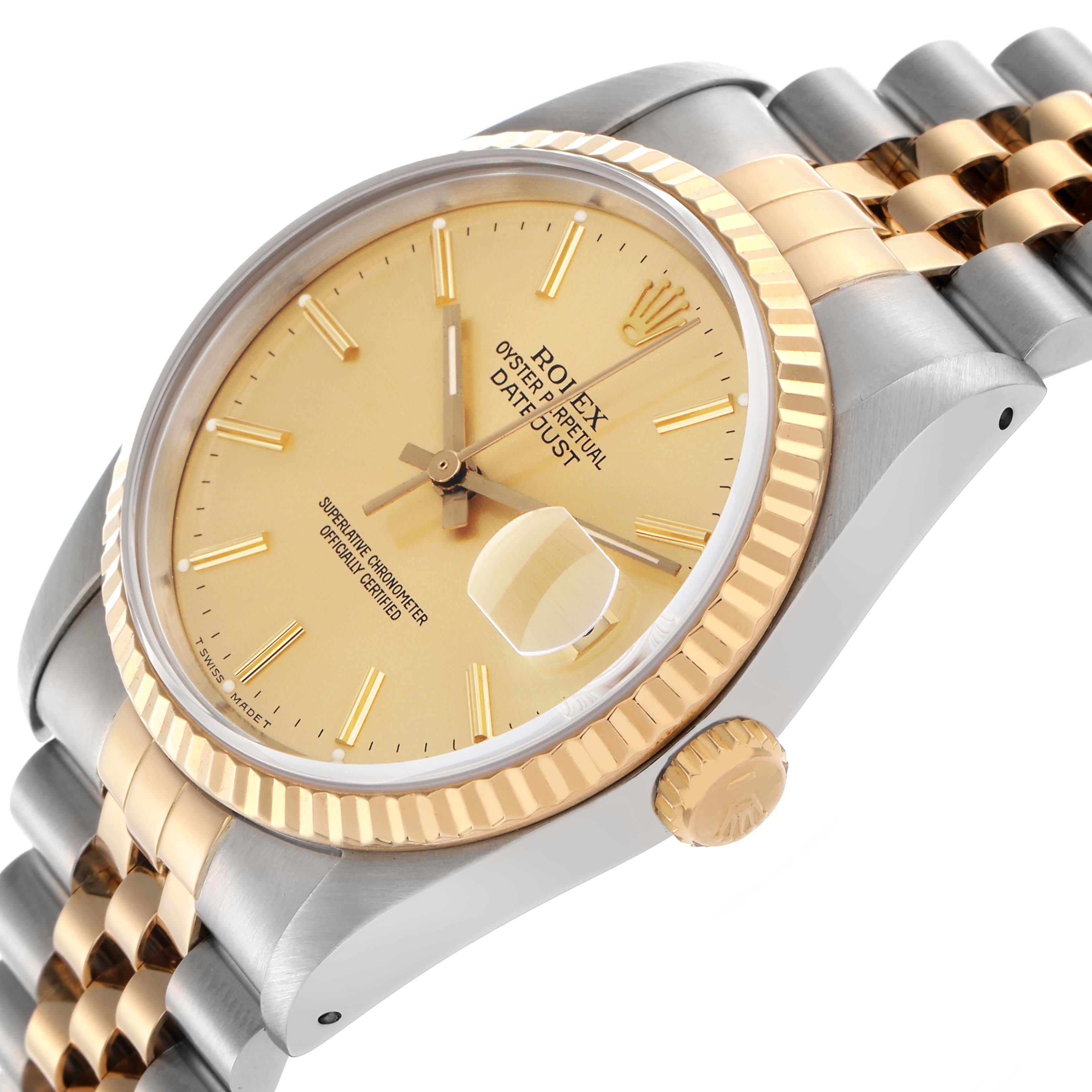 The Rolex Datejust 16233 Men
s Steel and Gold (two tone) Champagne Dial 16233 Men
s Steel and Gold (two tone) Champagne Dial watch is shown at a slight angle, highlighting the gold bezel, champagne dial, crown, and two-tone bracelet.