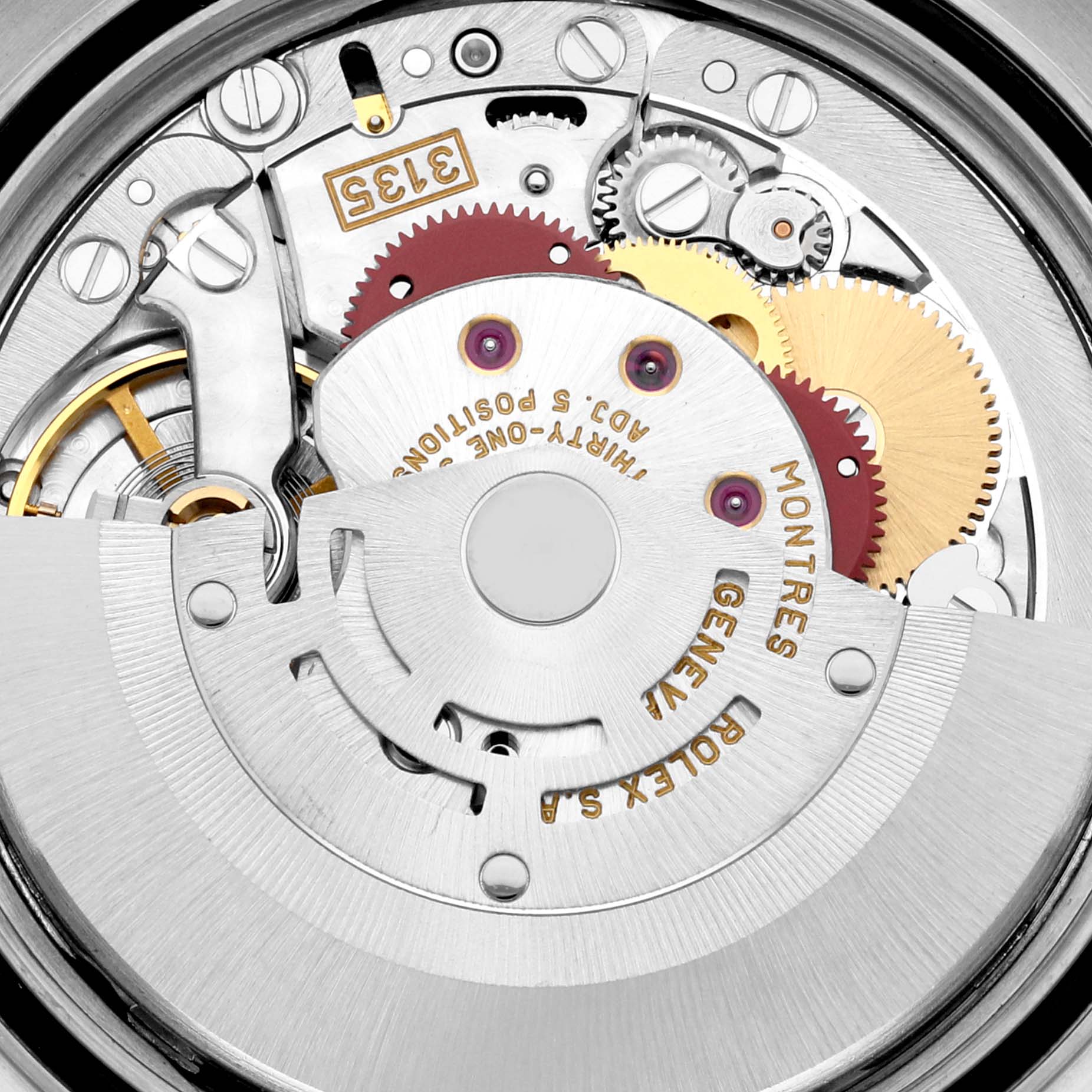 The image shows a close-up view of the internal mechanism of the Rolex Datejust 16233 Men's Steel and Gold (two tone) Champagne Dial 16233 Men's Steel and Gold (two tone) Champagne Dial watch, highlighting the gears and movement components.