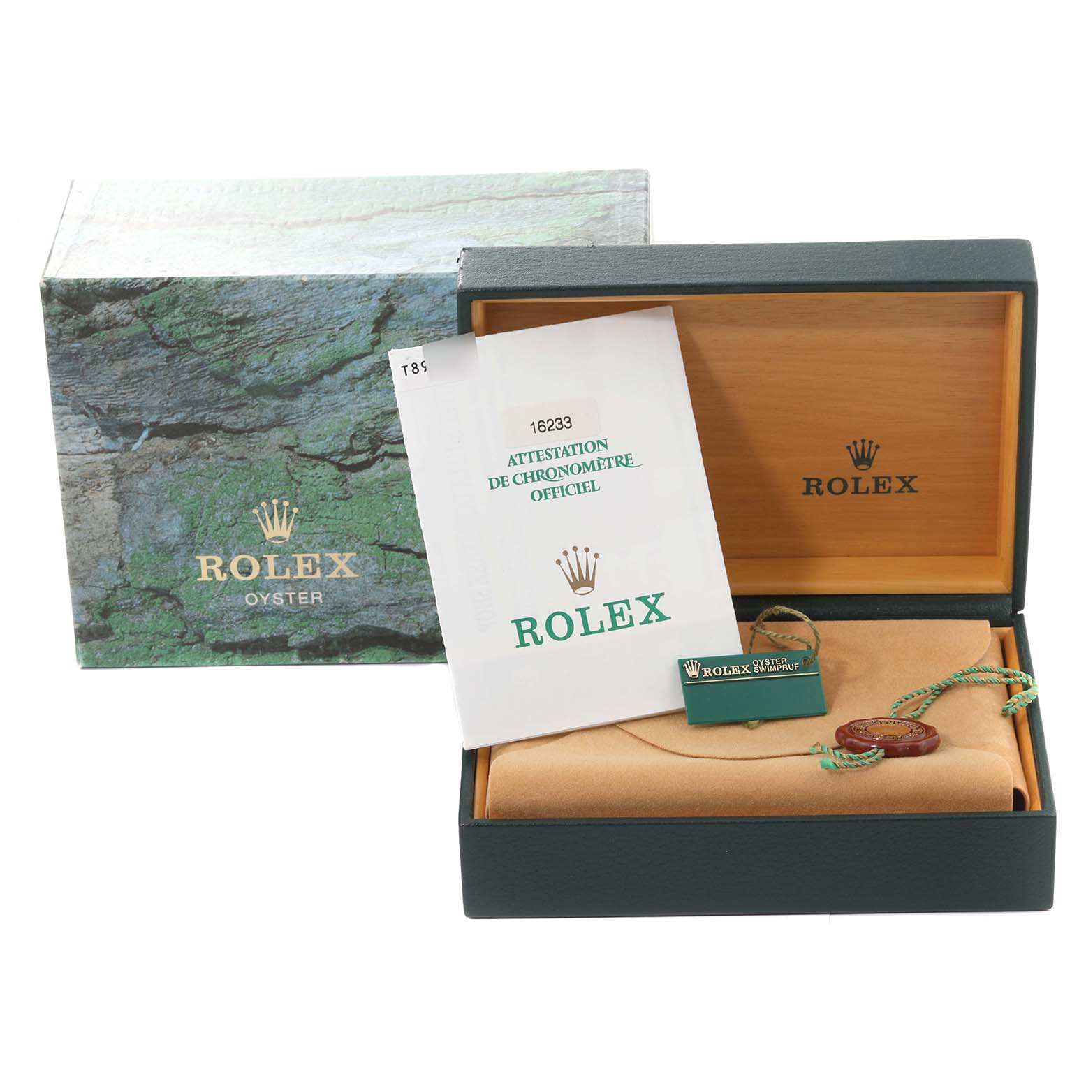 The image shows the Rolex Datejust 16233 Men's Steel and Gold (two tone) Champagne Dial 16233 Men's Steel and Gold (two tone) Champagne Dial packaging, including the box, certificate, tags, and a watch pouch, taken from the front.