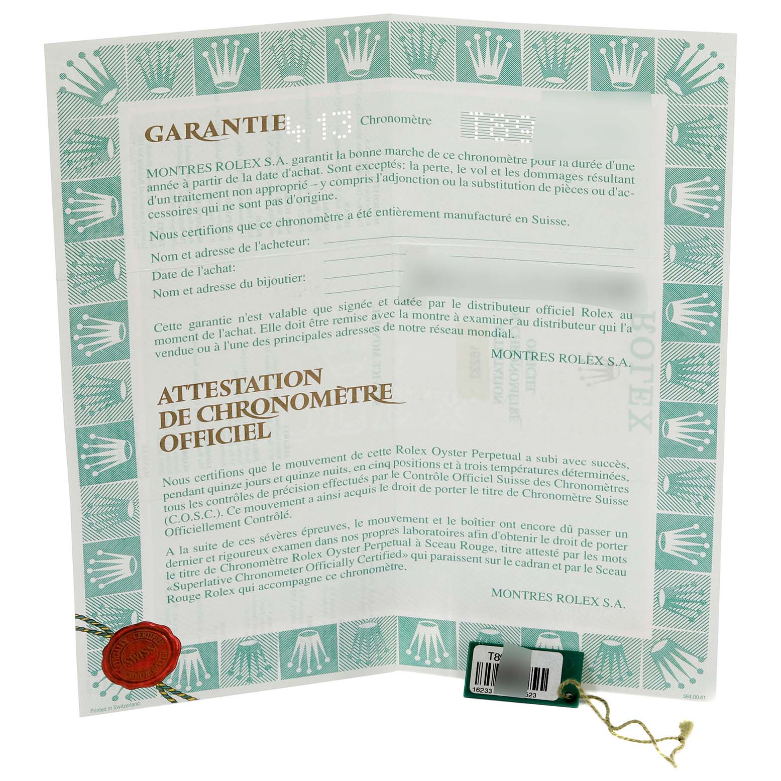 The image shows the warranty and certification documents for a Rolex Datejust 16233 Men's Steel and Gold (two tone) Champagne Dial 16233 Men's Steel and Gold (two tone) Champagne Dial watch.