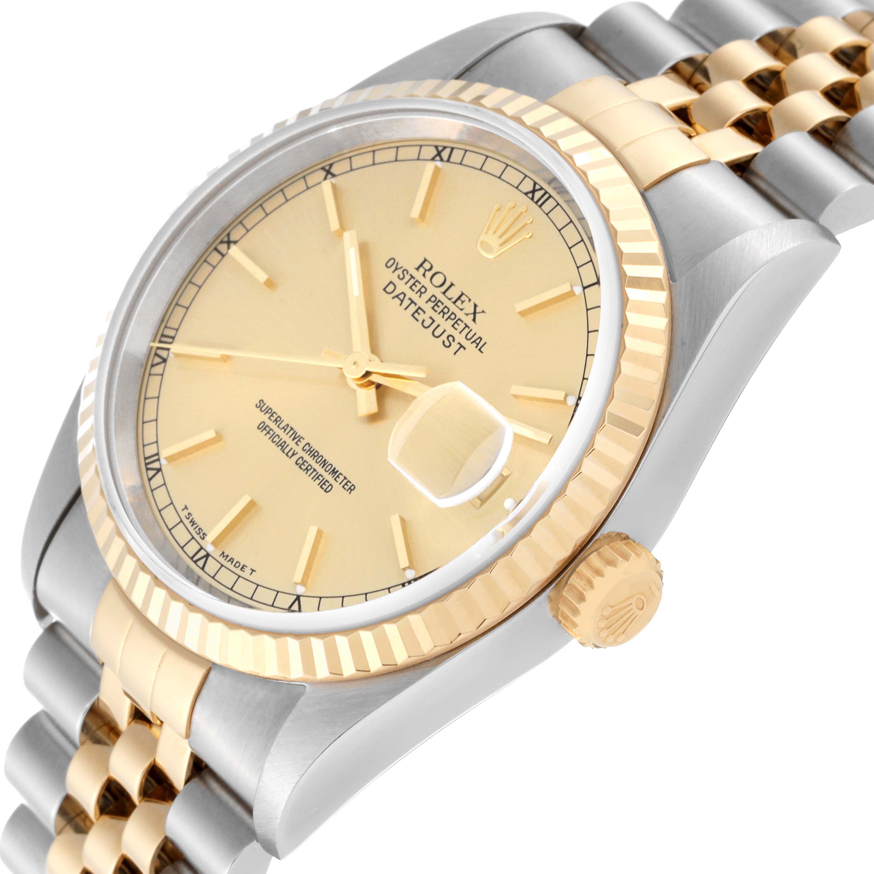 The image shows a close-up angle of the Rolex Datejust 16233 Men's Steel and Gold (two tone) Champagne Dial 16233 Men's Steel and Gold (two tone) Champagne Dial watch, highlighting the dial, part of the bracelet, and the crown.