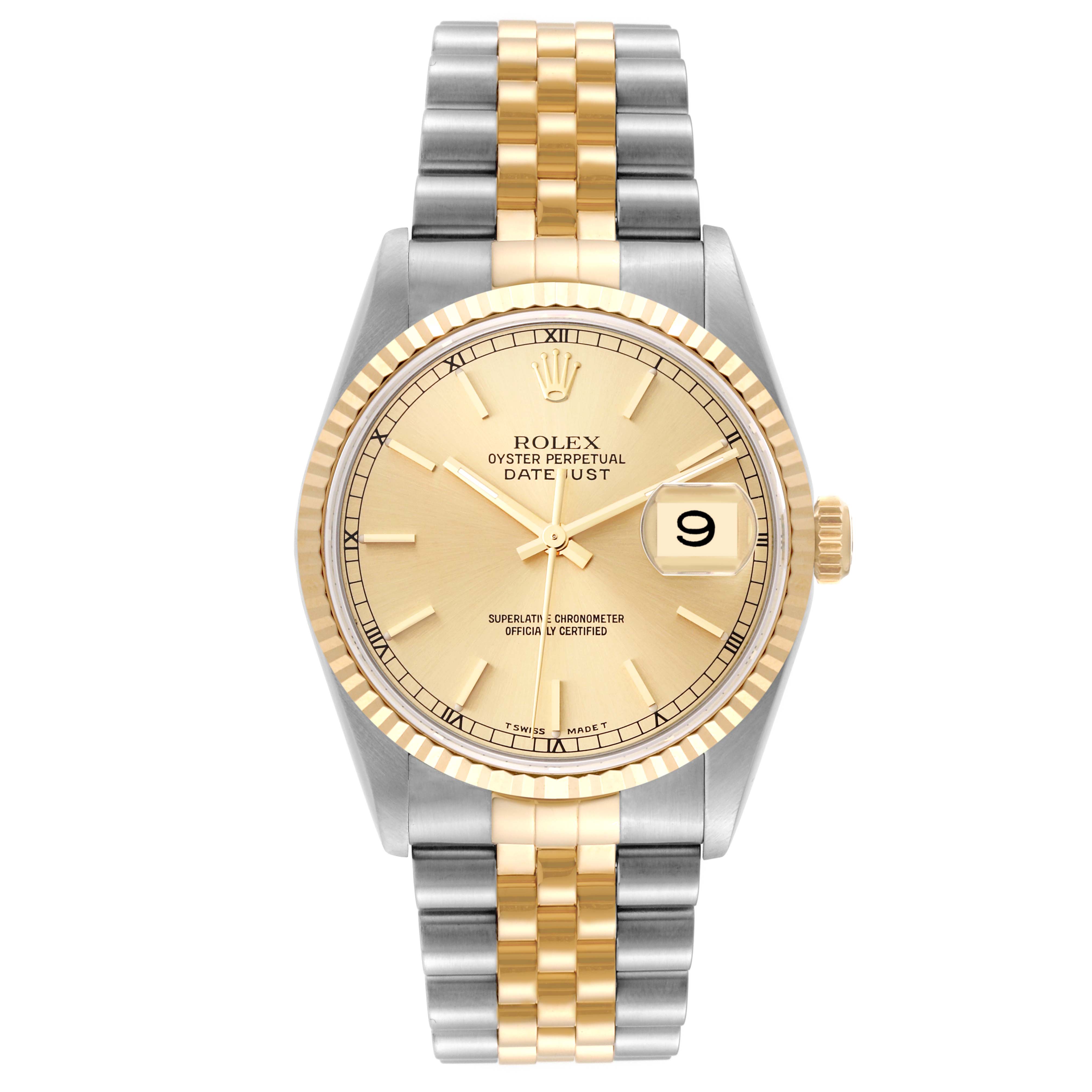 The image shows a front view of the Rolex Datejust 16233 Men's Steel and Gold (two tone) Champagne Dial 16233 Men's Steel and Gold (two tone) Champagne Dial watch, highlighting its face, hands, date window, and two-tone bracelet.