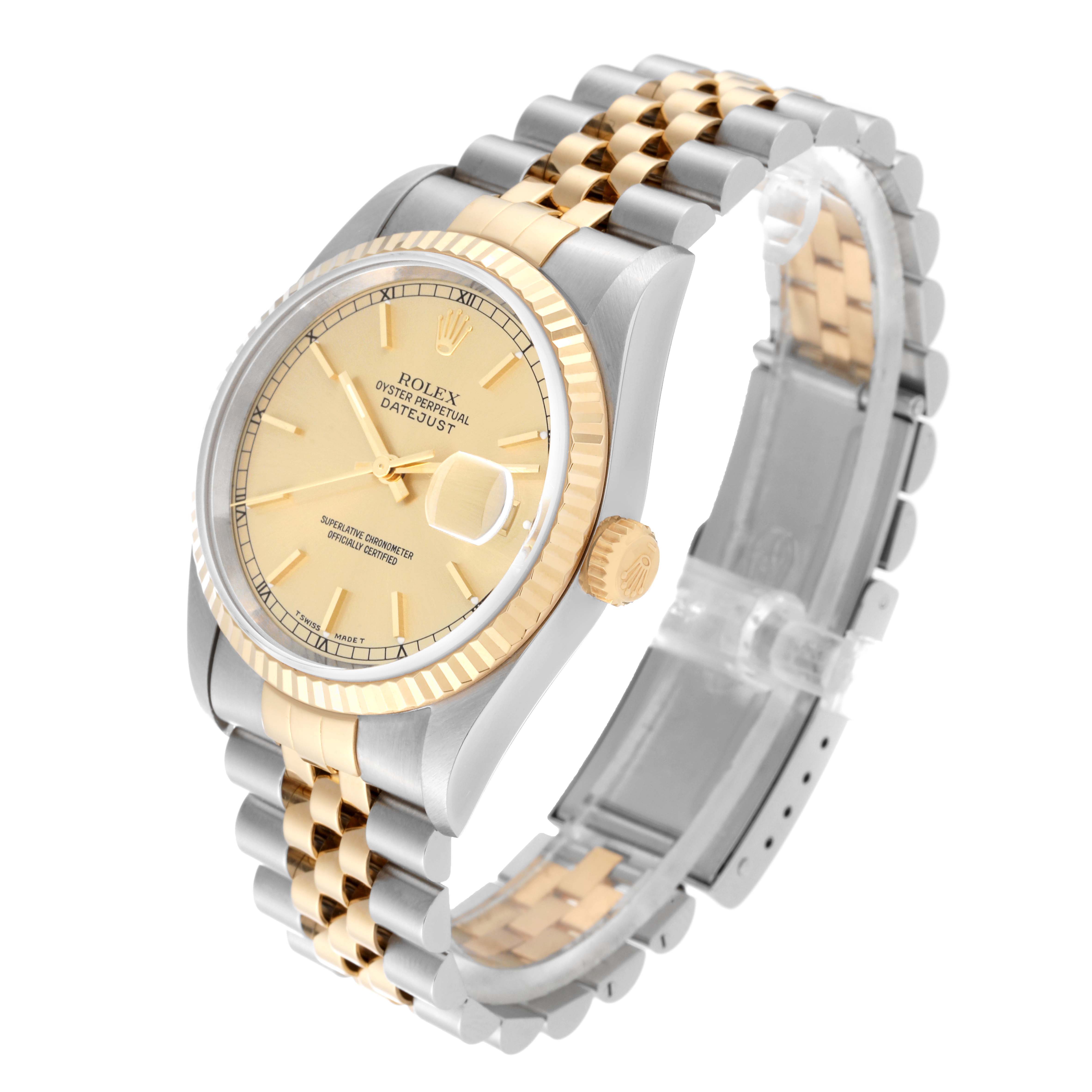 The Rolex Datejust 16233 Men's Steel and Gold (two tone) Champagne Dial 16233 Men's Steel and Gold (two tone) Champagne Dial watch is shown at a three-quarter angle, highlighting its gold and silver two-tone bracelet and beige dial.