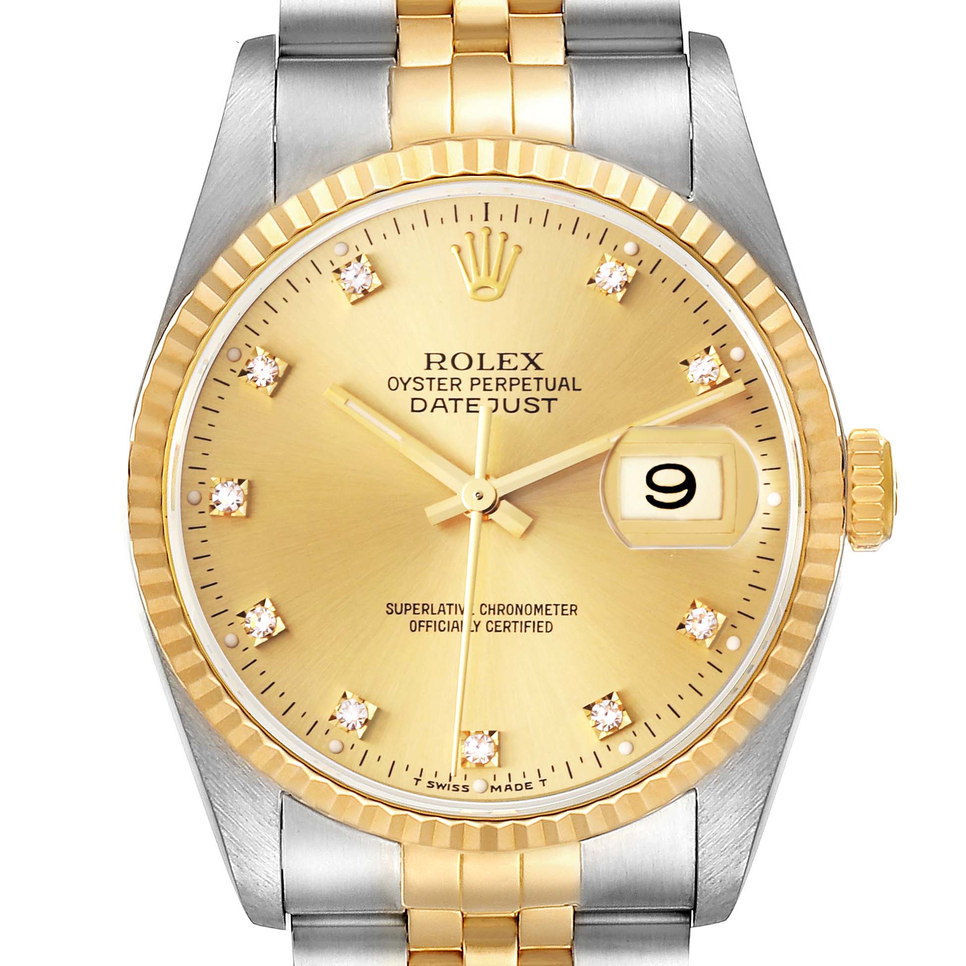 The image shows a frontal view of a Rolex Datejust 16233 Men
s Steel and Gold (two tone) Champagne Dial 16233 Men
s Steel and Gold (two tone) Champagne Dial, highlighting its dial, hands, date window, bezel, and bracelet.
