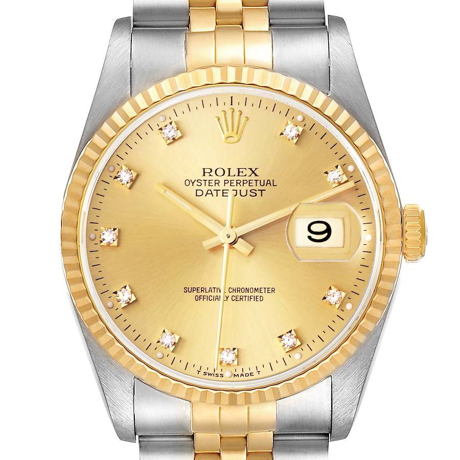 The image shows a frontal view of a Rolex Datejust, highlighting its dial, hands, date window, bezel, and bracelet.