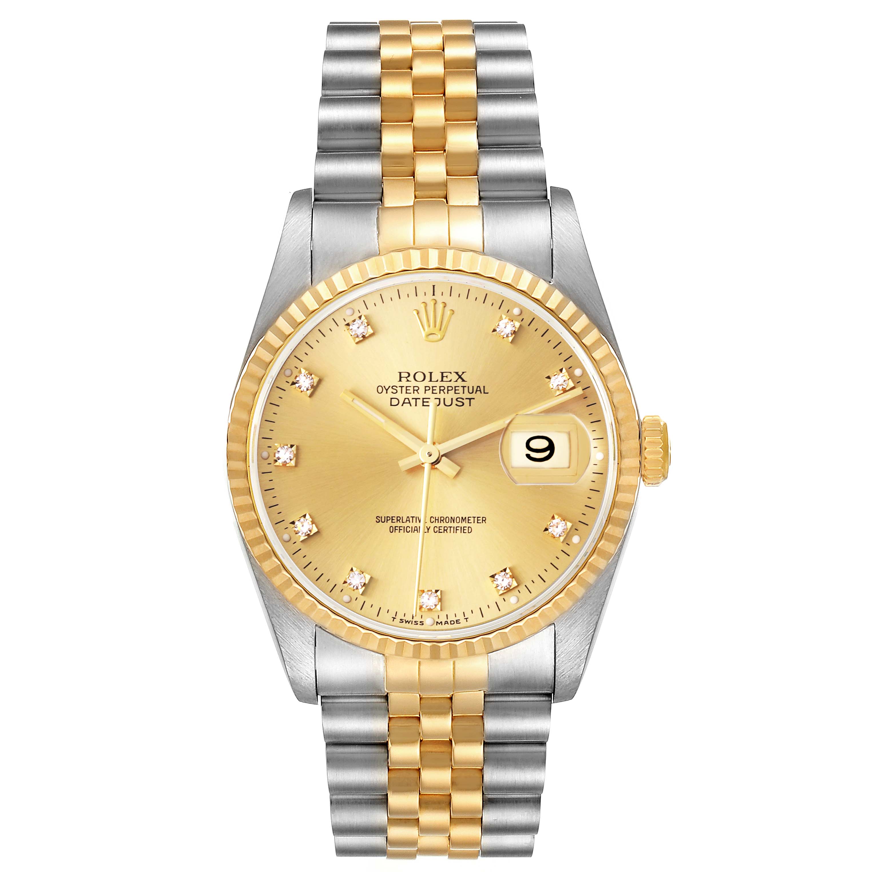 The Rolex Datejust 16233 Men
s Steel and Gold (two tone) Champagne Dial 16233 Men
s Steel and Gold (two tone) Champagne Dial watch is shown from the front, displaying its dial, bezel, and bracelet.