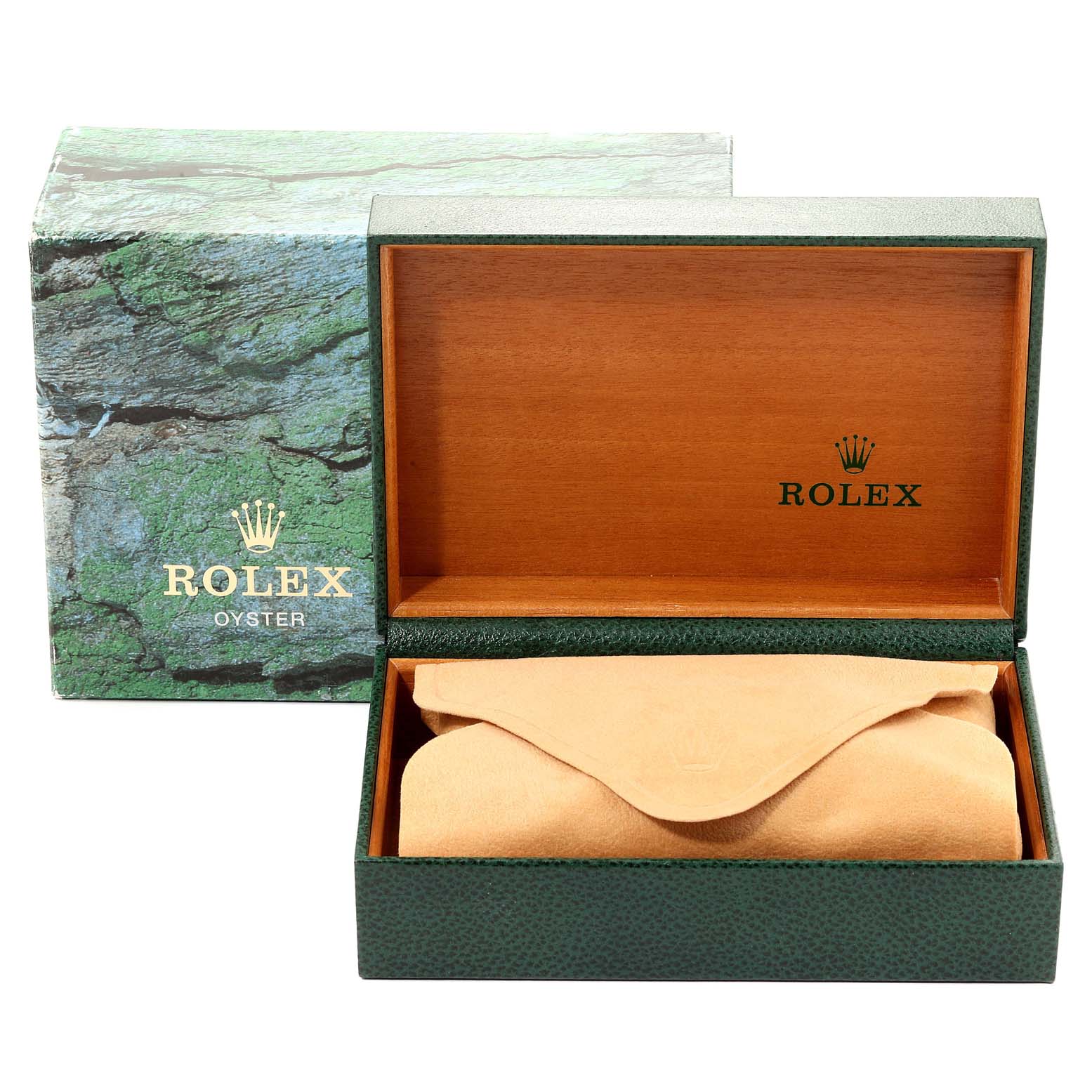 The image shows the open box of a Rolex Datejust 16220 Men's Stainless Steel White Dial 16220 Men's Stainless Steel White Dial watch with its branded case and outer packaging.