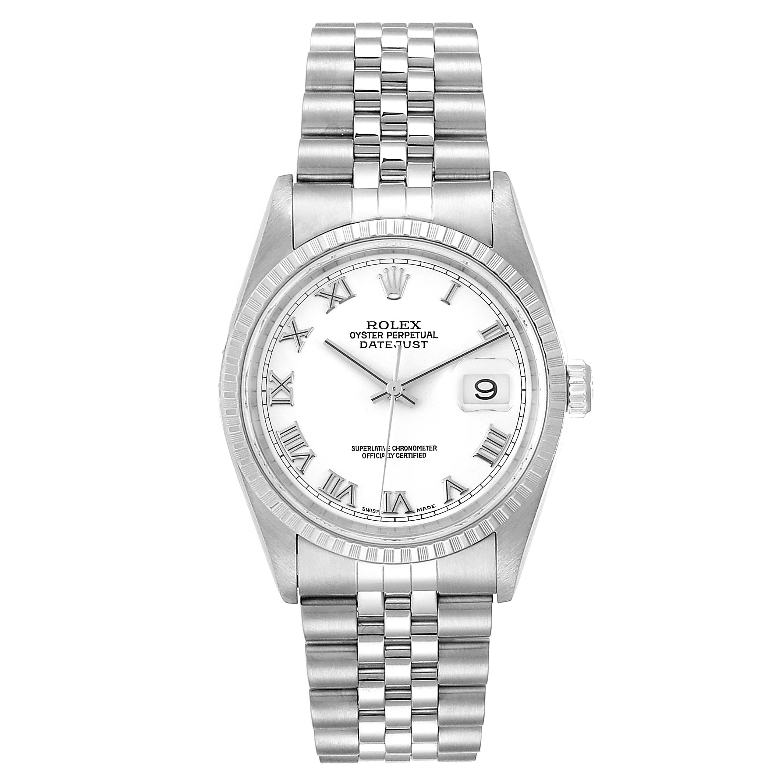 This is an overhead view of a Rolex Datejust 16220 Men's Stainless Steel White Dial 16220 Men's Stainless Steel White Dial watch showing the face, bezel, case, crown, and bracelet.