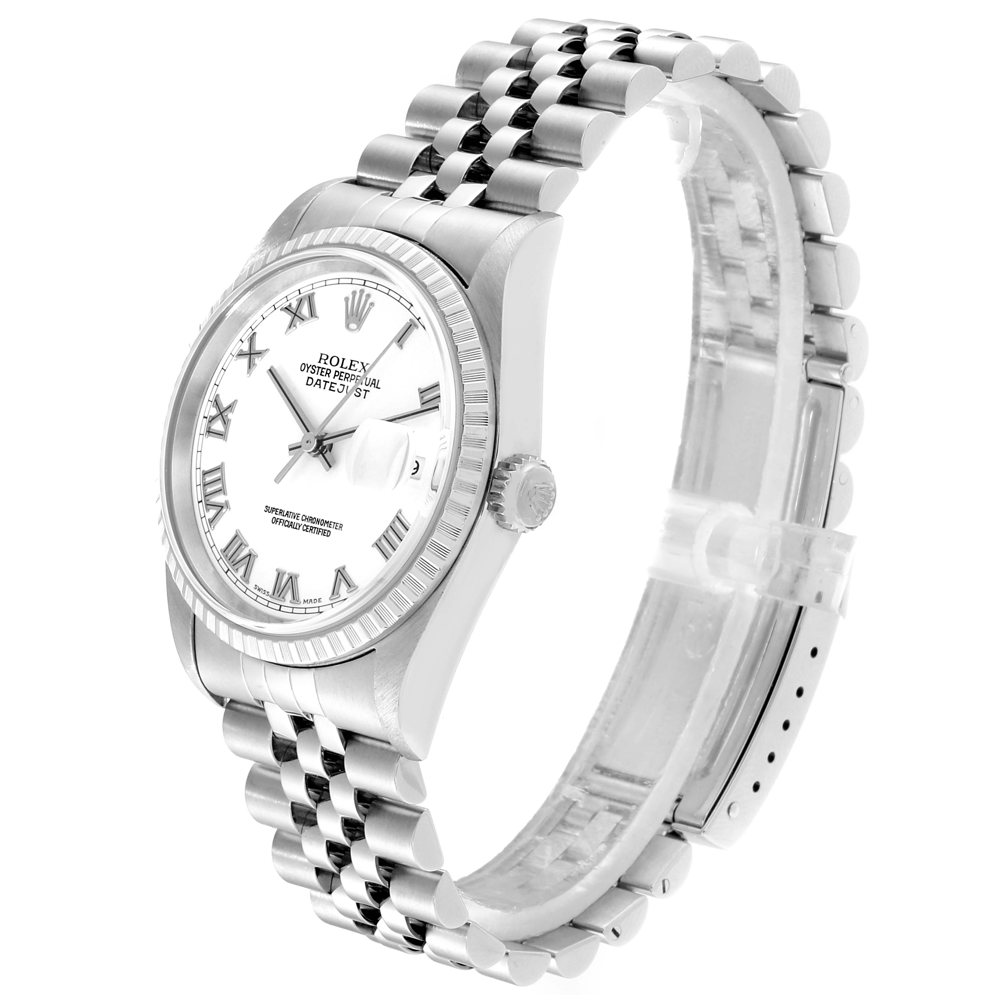 The image shows a Rolex Datejust 16220 Men's Stainless Steel White Dial 16220 Men's Stainless Steel White Dial watch from an angled side view, highlighting the bezel, dial, crown, and bracelet.