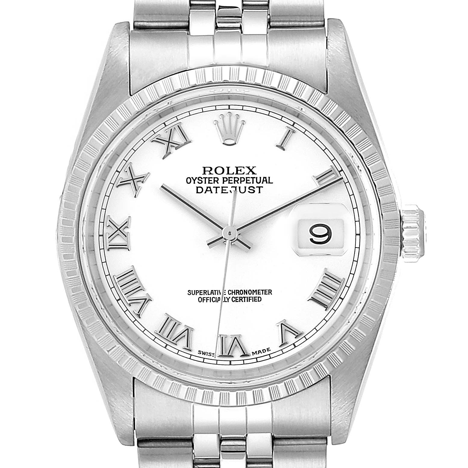 The image shows a front view of the Rolex Datejust 16220 Men's Stainless Steel White Dial 16220 Men's Stainless Steel White Dial watch, highlighting the dial, Roman numeral markers, and date window.