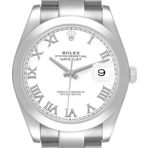 The Rolex Datejust 41 126300 Men's Stainless Steel White Dial is shown from a front angle, featuring the dial, hands, crown, and part of the bracelet.