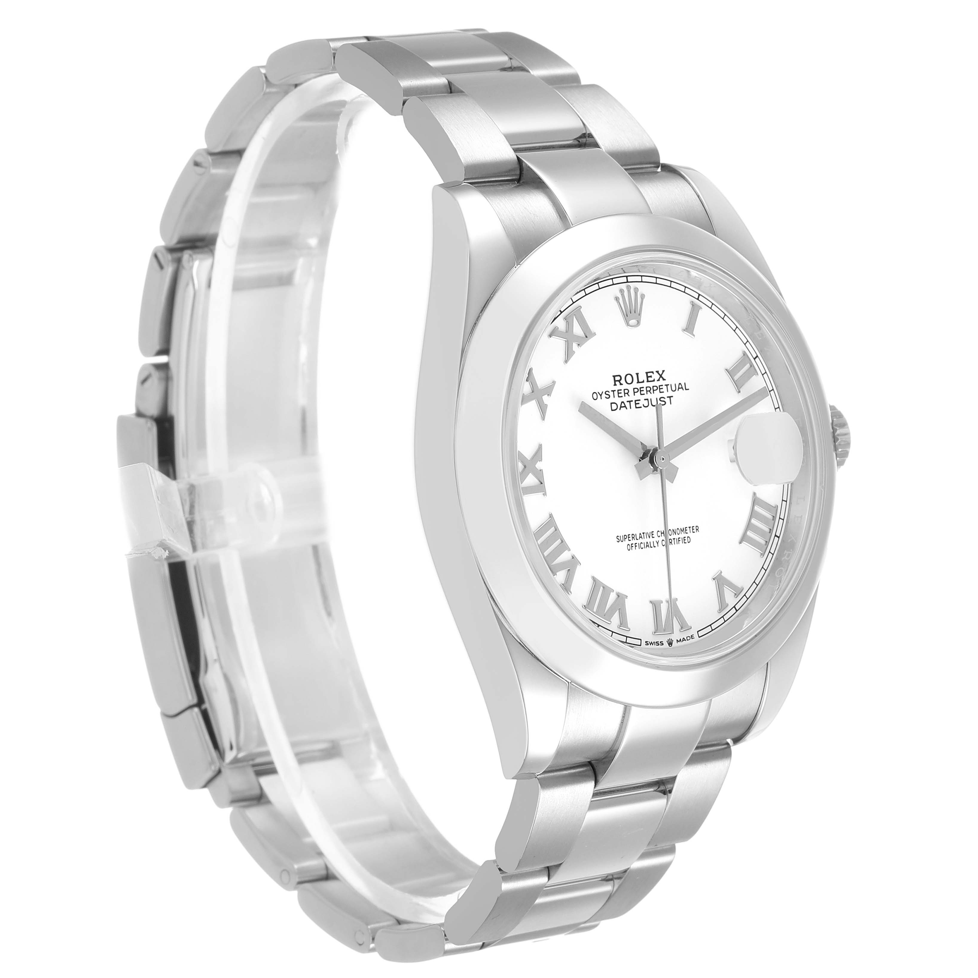 The Rolex Datejust 41 126300 Men's Stainless Steel White Dial watch is shown at a three-quarter angle, highlighting the dial, bezel, bracelet, and crown.