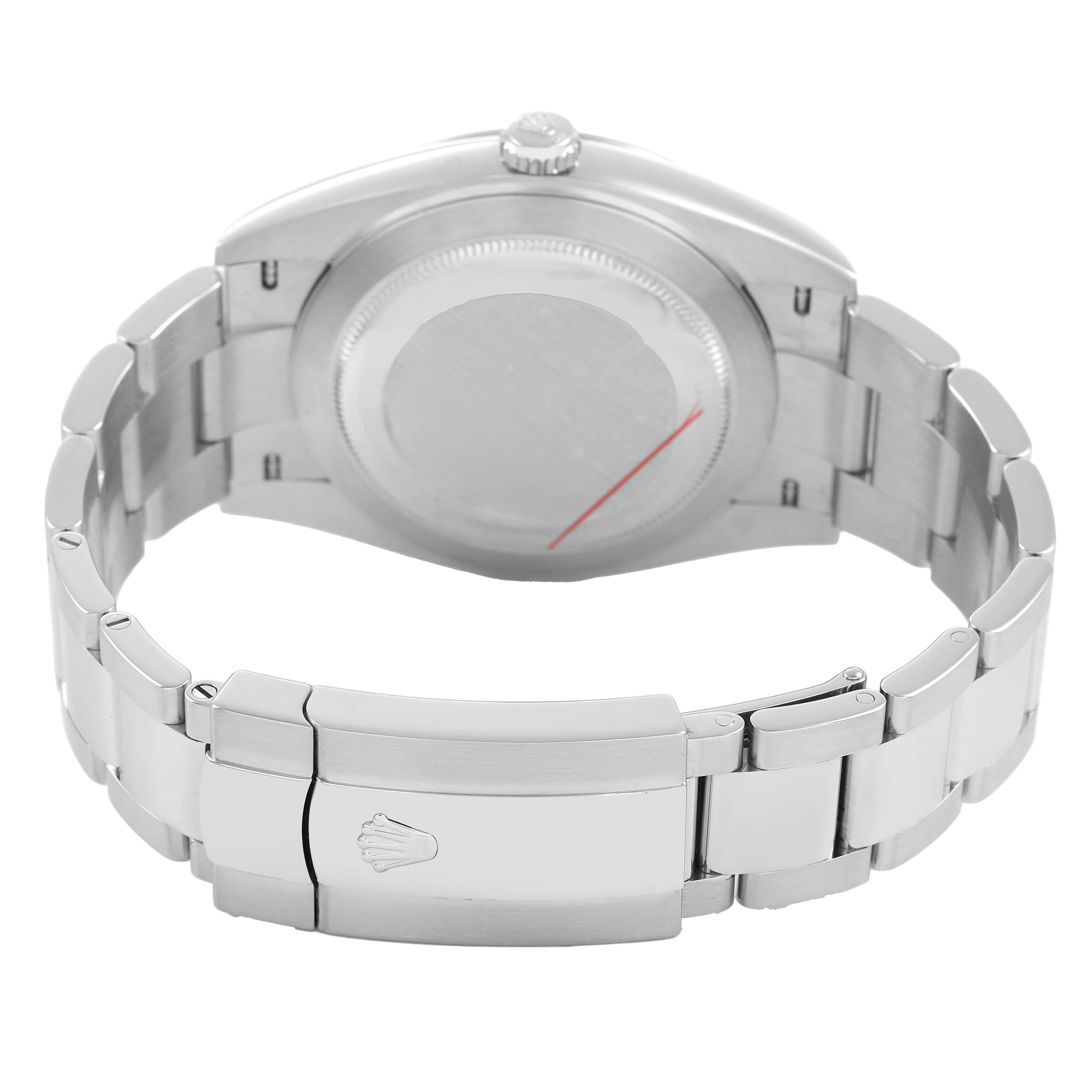 The image shows the Rolex Datejust 41 126300 Men's Stainless Steel White Dial from the back, displaying the clasp and links of the bracelet.