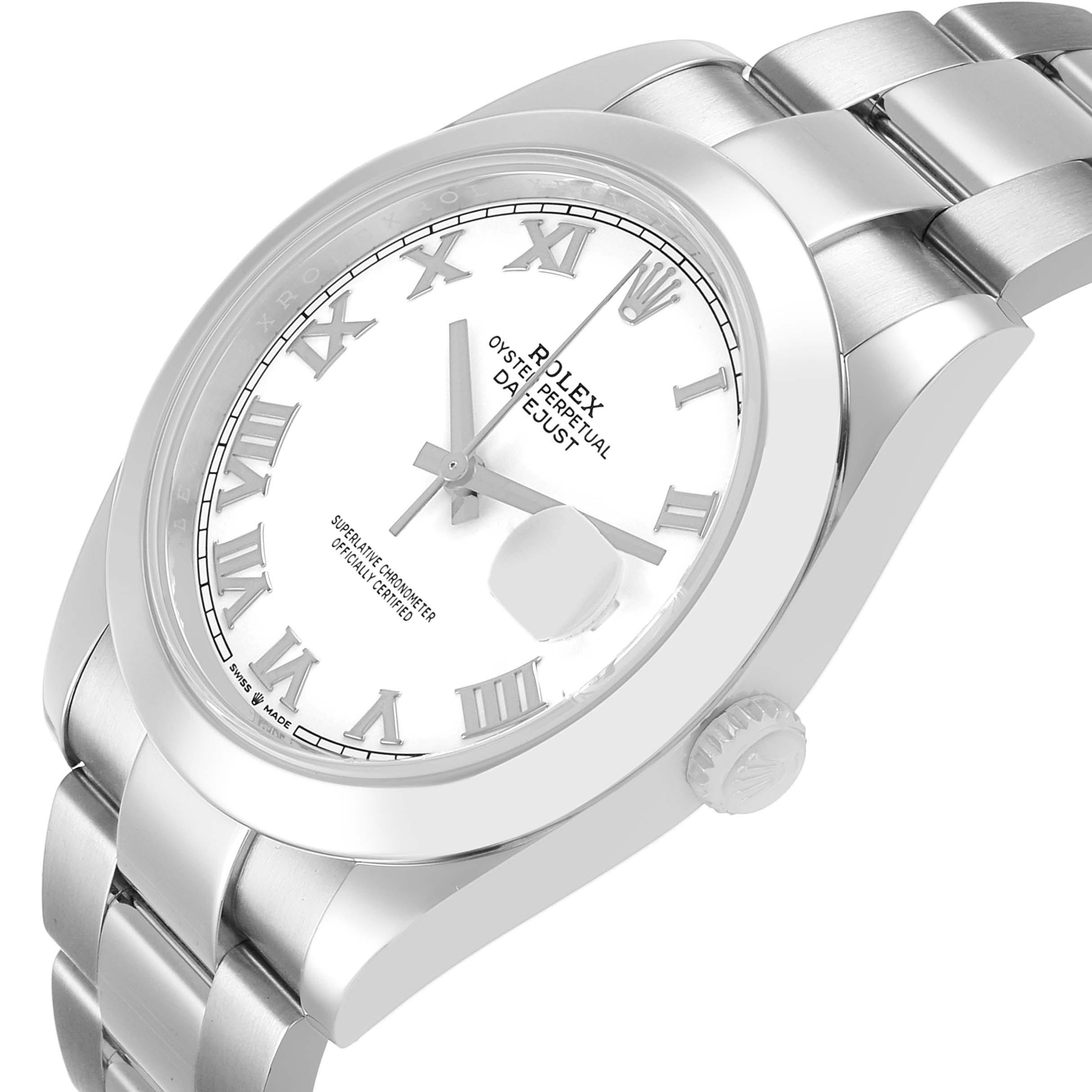 The Rolex Datejust 41 126300 Men's Stainless Steel White Dial is shown at a tilted angle highlighting the dial, case, bracelet, and crown.