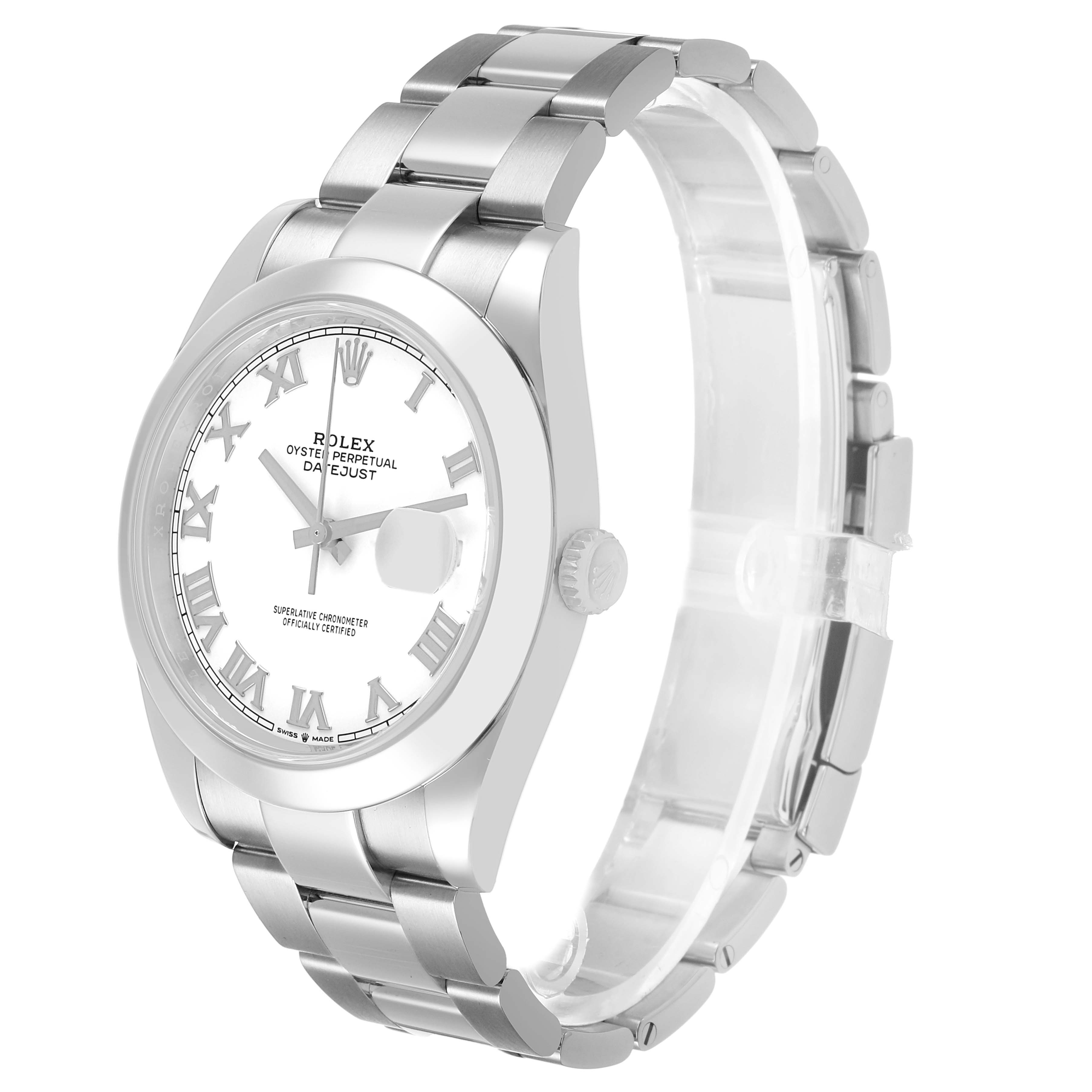 The Rolex Datejust 41 126300 Men's Stainless Steel White Dial is shown at a three-quarter angle, highlighting the dial, bezel, bracelet, and crown.