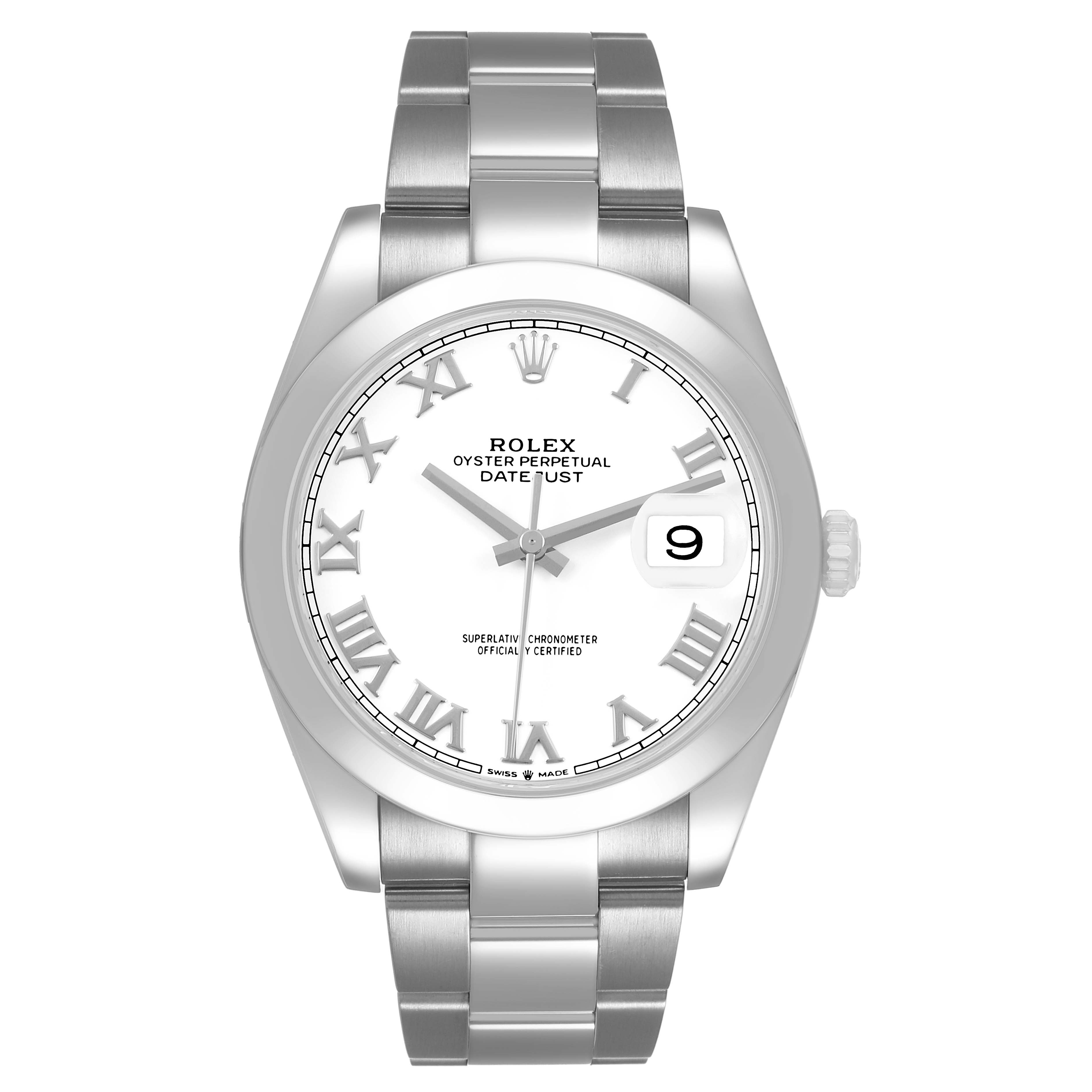 The Rolex Datejust 41 126300 Men's Stainless Steel White Dial is shown from a front angle, highlighting the dial, bezel, and part of the bracelet.