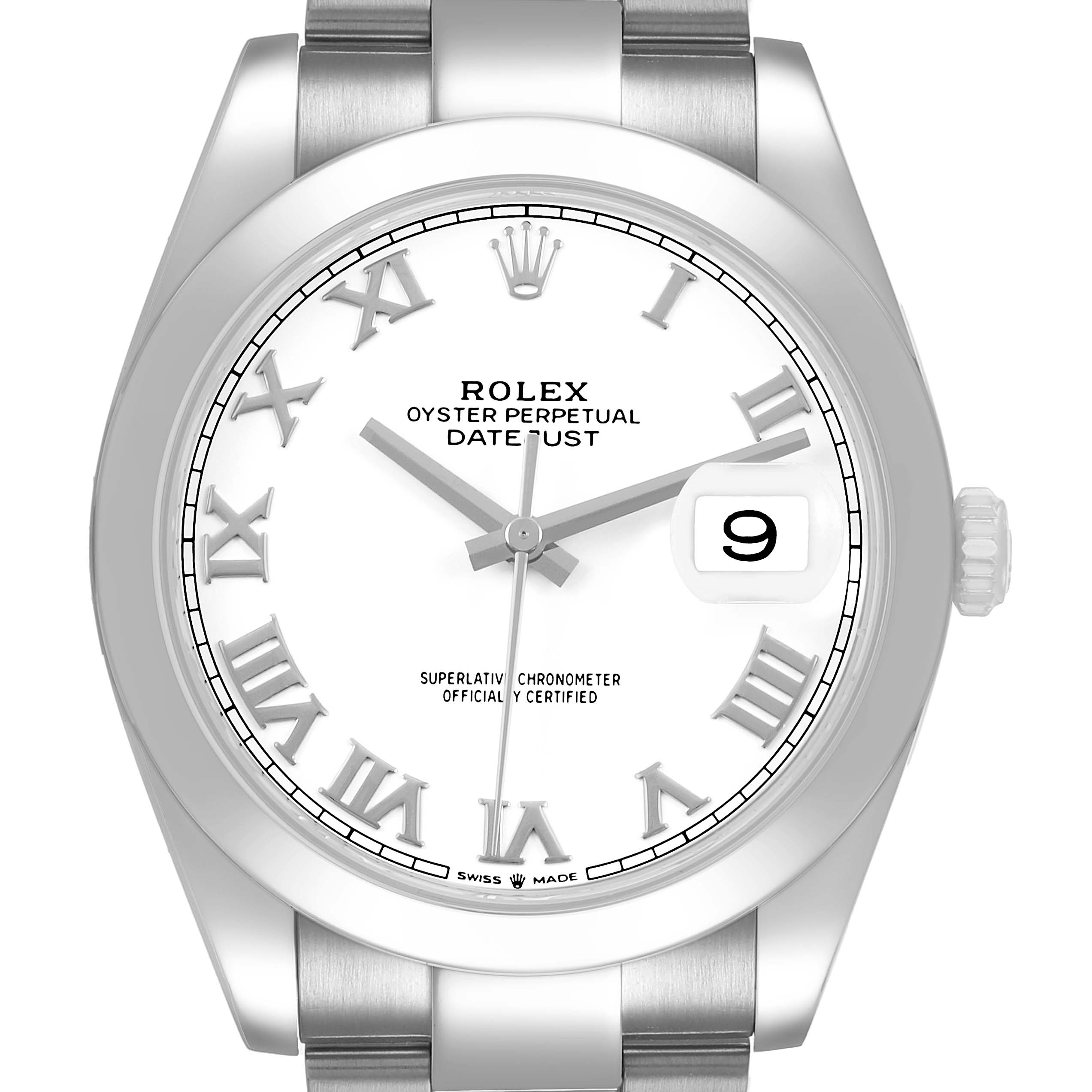 The Rolex Datejust 41 126300 Men's Stainless Steel White Dial is shown from a front view, highlighting the dial, hour markers, date window, and part of the bracelet.