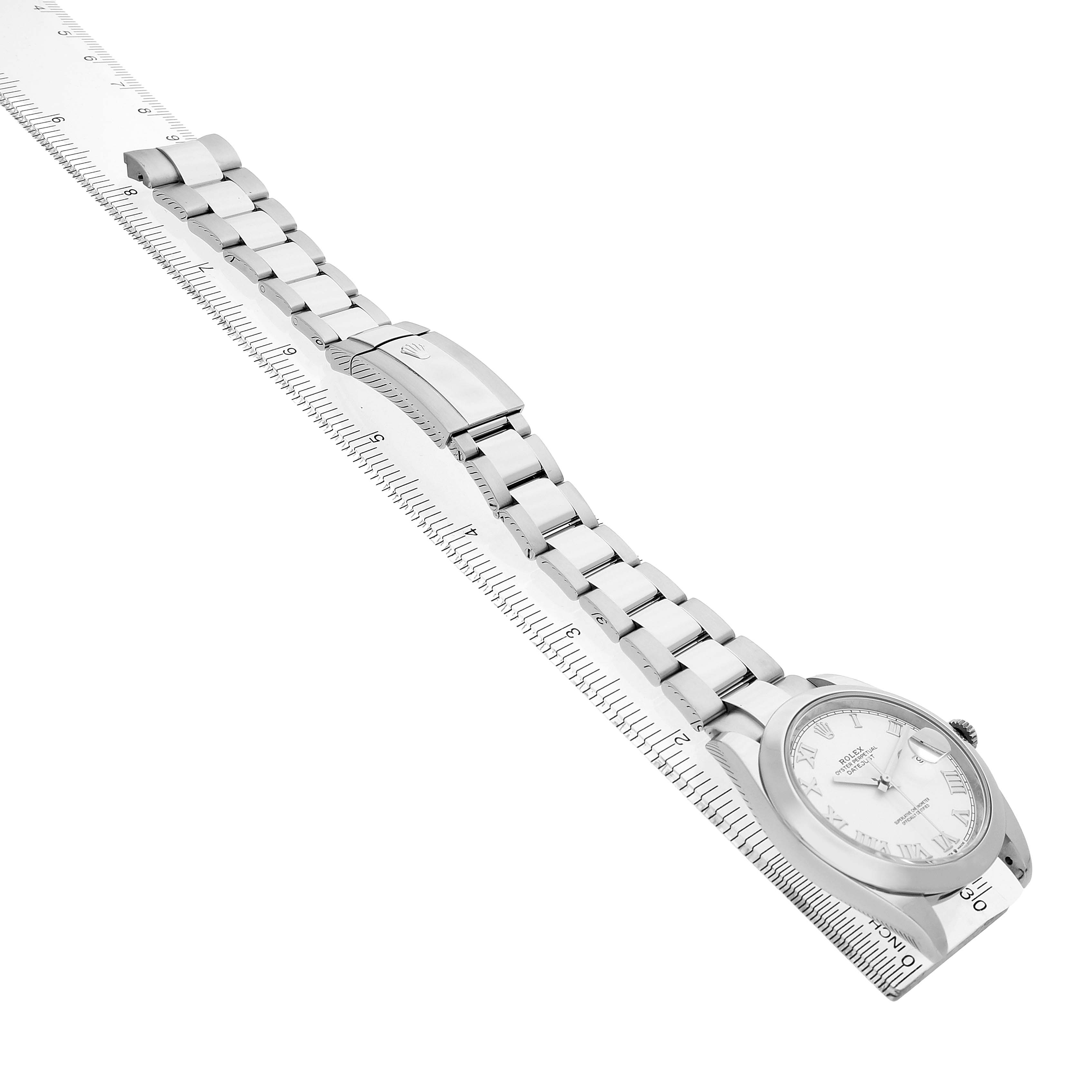 The image shows a side view of the Rolex Datejust 41 126300 Men's Stainless Steel White Dial, showcasing its bracelet, clasp, and part of the watch face.
