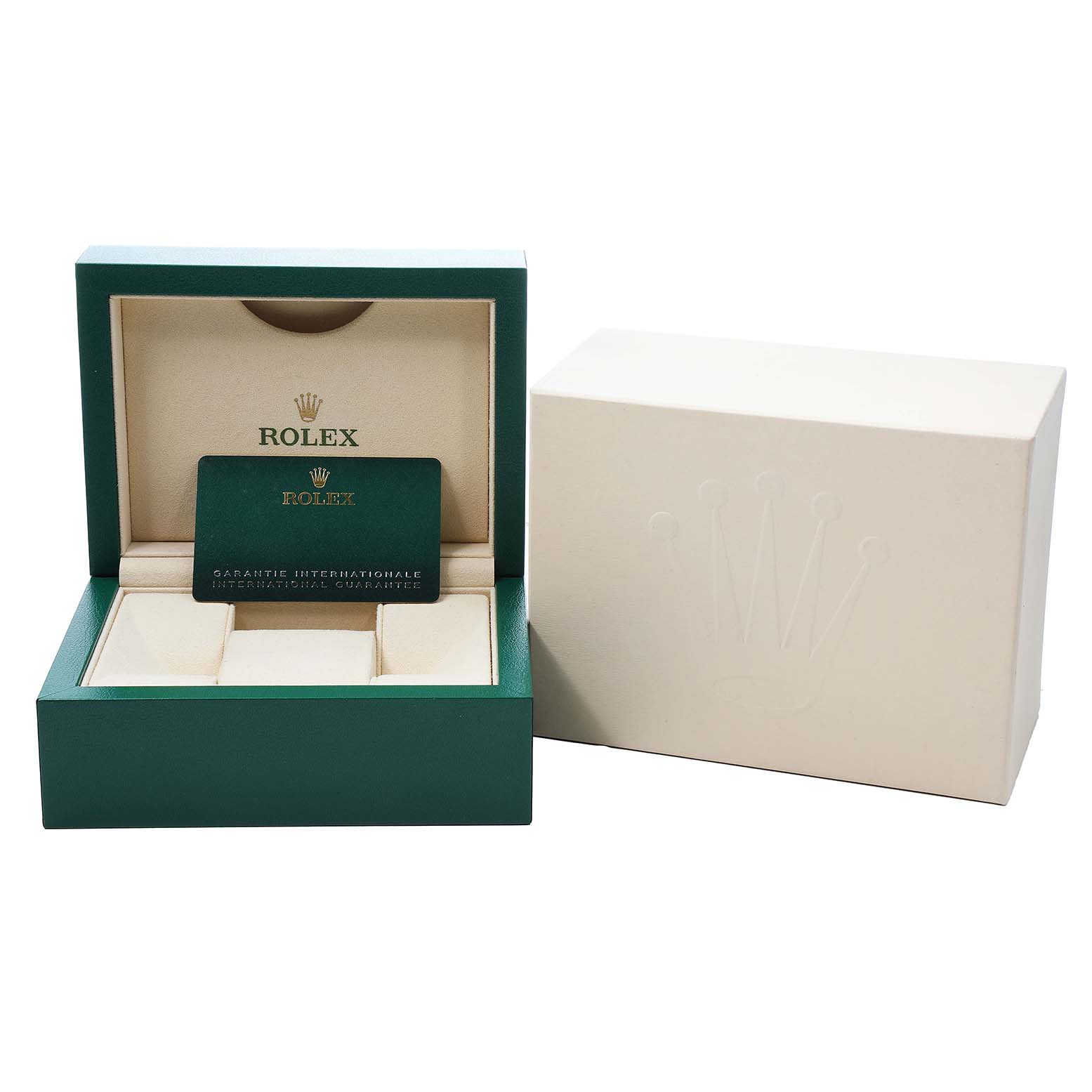 The image shows the open green box and a warranty card for the Rolex Datejust 41 126300 Men's Stainless Steel White Dial, with the outer box beside it.