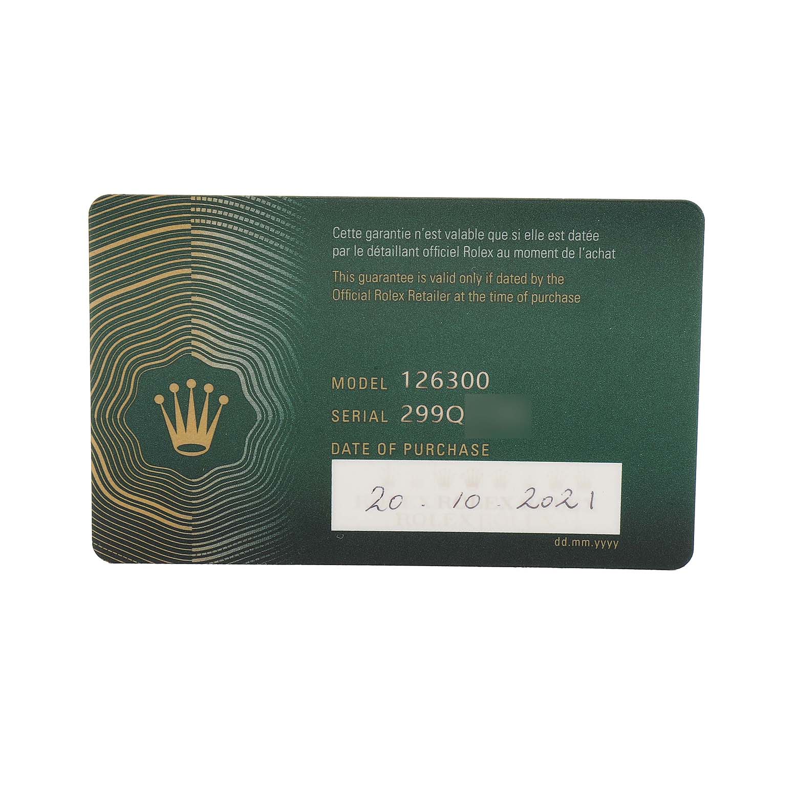The image shows a warranty card for a Rolex Datejust 41 126300 Men's Stainless Steel White Dial, displaying model, serial number, and date of purchase.