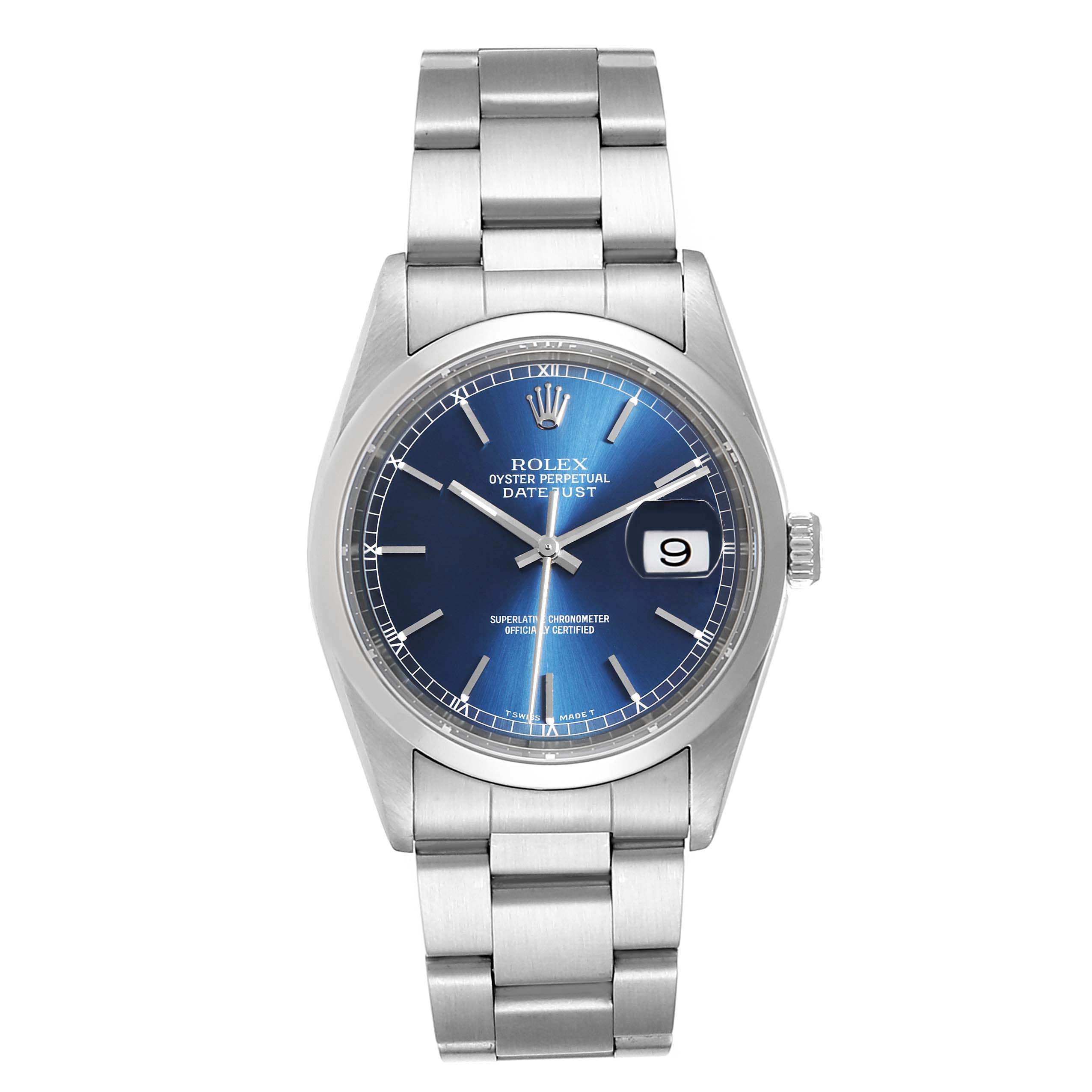 The image shows a front view of a Rolex Datejust 16200 Men's Stainless Steel Blue Dial 16200 Men's Stainless Steel Blue Dial watch, highlighting its blue dial, date window, and stainless steel bracelet.
