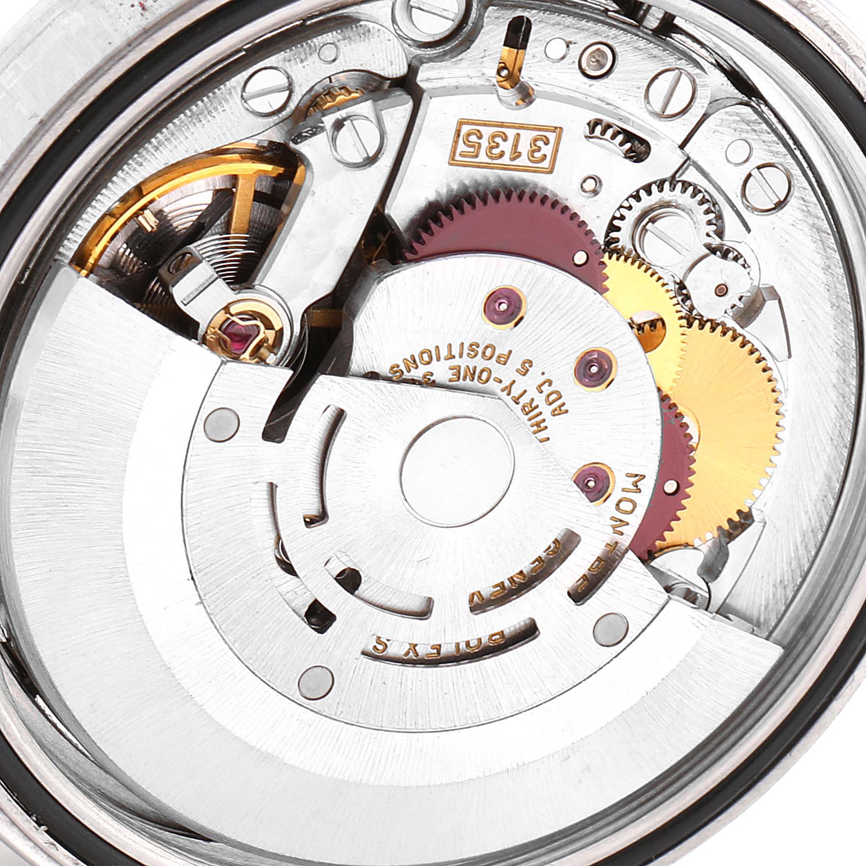 This is a close-up view of the Rolex Datejust 16200 Men's Stainless Steel Blue Dial 16200 Men's Stainless Steel Blue Dial watch movement, showcasing the intricate inner gears and mechanisms.