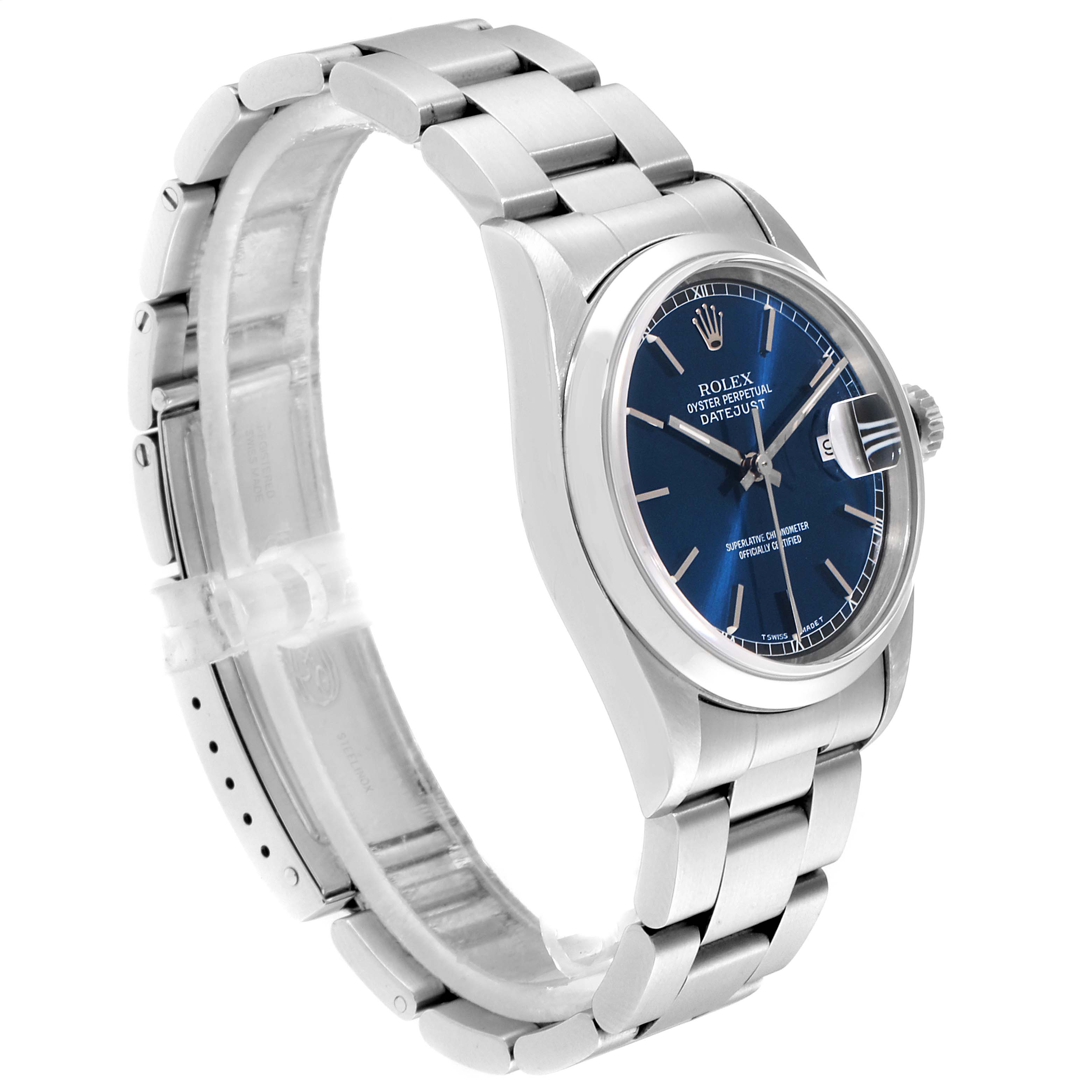 The image shows a side-angle view of a Rolex Datejust 16200 Men's Stainless Steel Blue Dial 16200 Men's Stainless Steel Blue Dial watch, highlighting its dial, bezel, case, and bracelet.