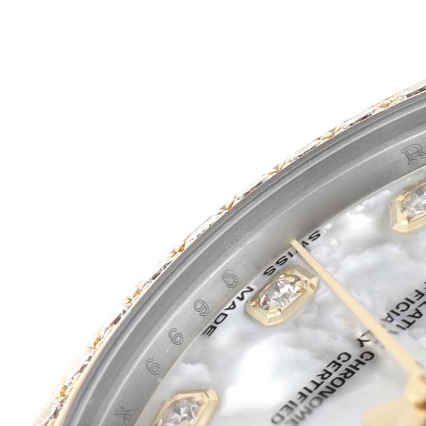 The close-up shows the Rolex Datejust Midsize 31 watch face, highlighting the diamond markers and a partial view of the bezel.