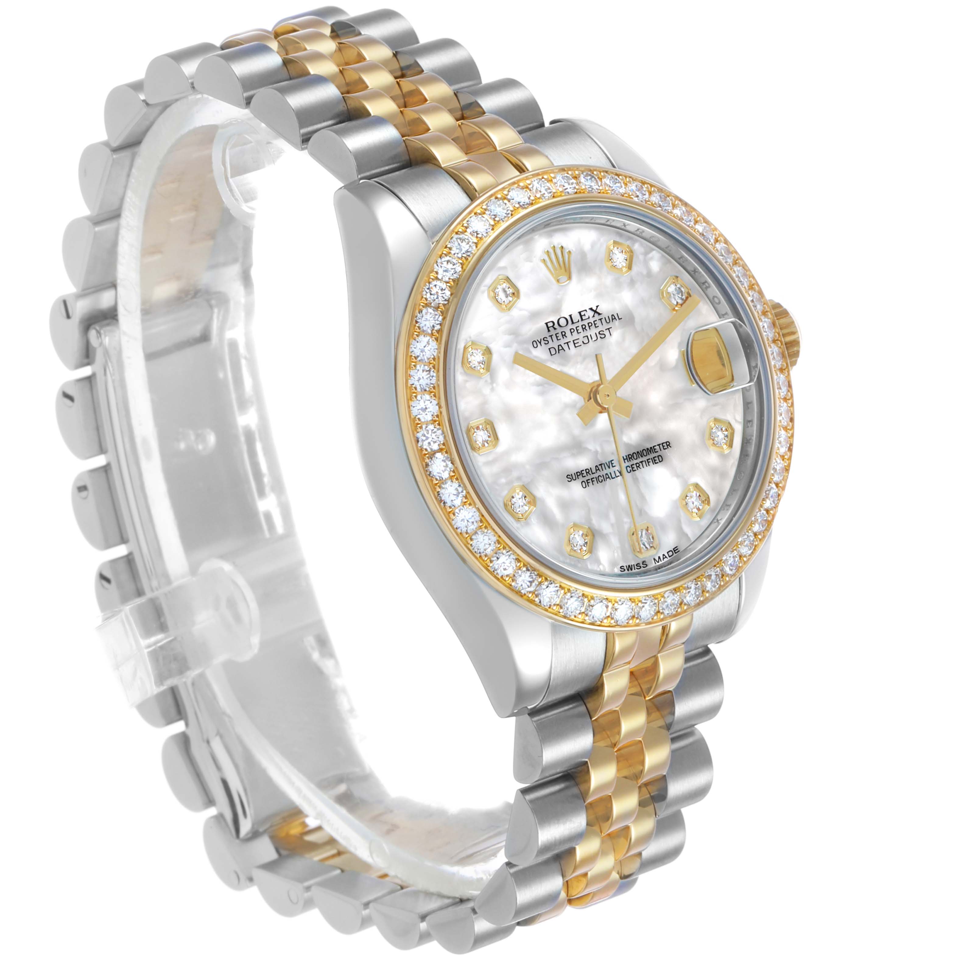 The Rolex Datejust Midsize 31 is shown at a slight angle, highlighting the diamond bezel and two-tone bracelet.