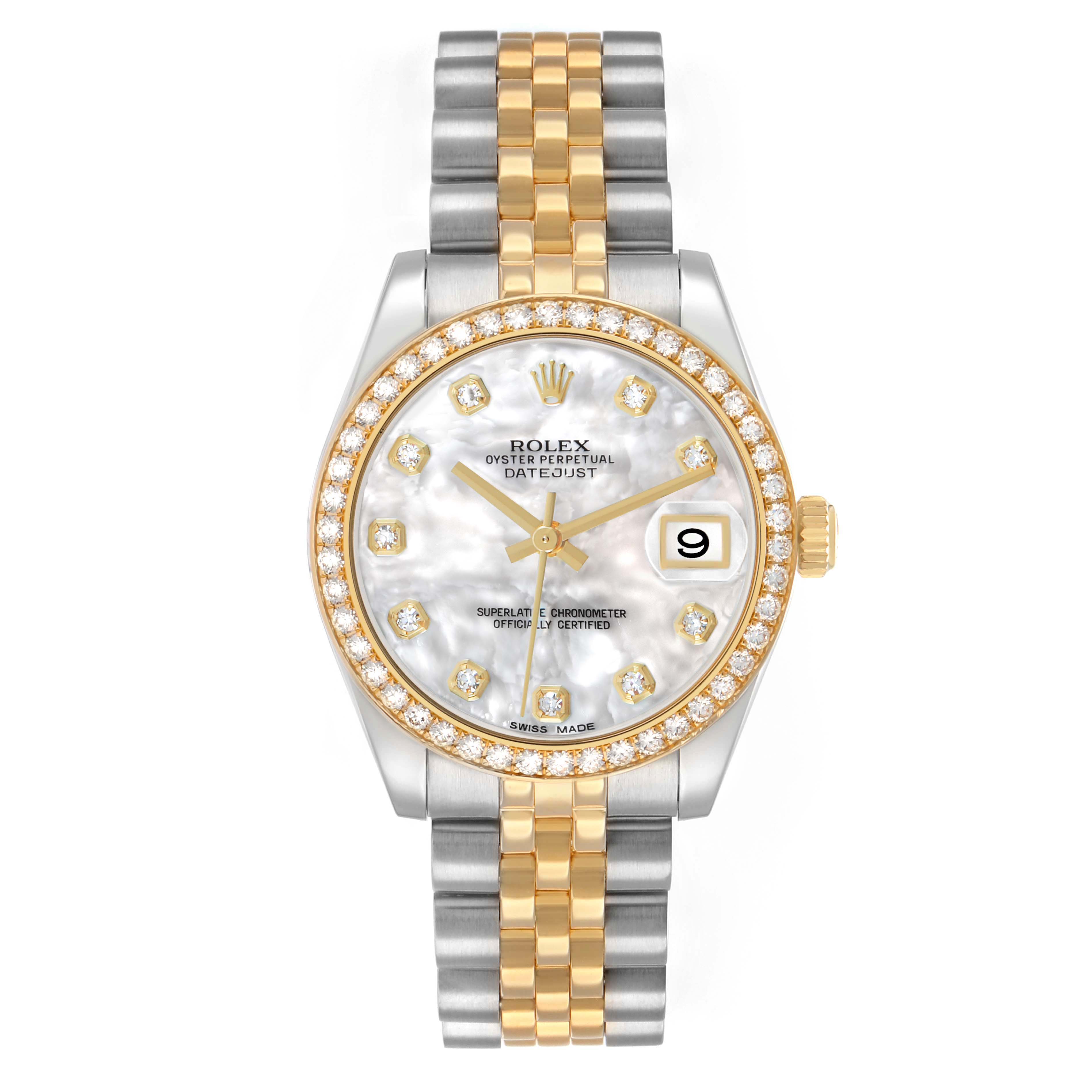 The Rolex Datejust Midsize 31 is shown from the front, highlighting its diamond-studded bezel, mother-of-pearl dial, and two-tone bracelet.