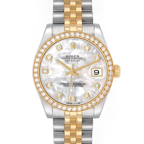 The Rolex Datejust Midsize 31 is shown from the front, highlighting the diamond-studded bezel, mother-of-pearl dial, and two-tone bracelet.