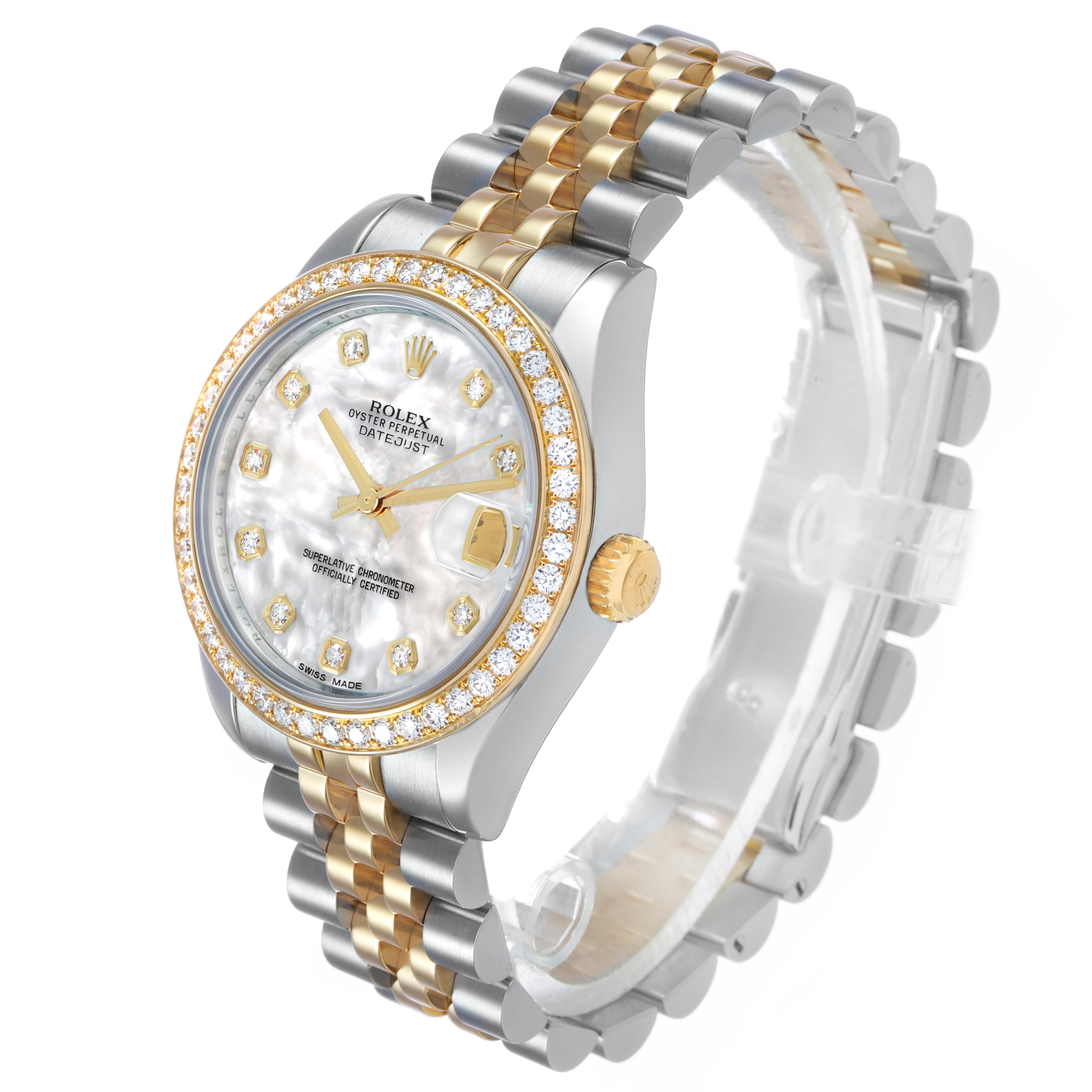 The Rolex Datejust Midsize 31 is shown at a three-quarter angle, displaying its diamond bezel, crown, and two-tone bracelet.