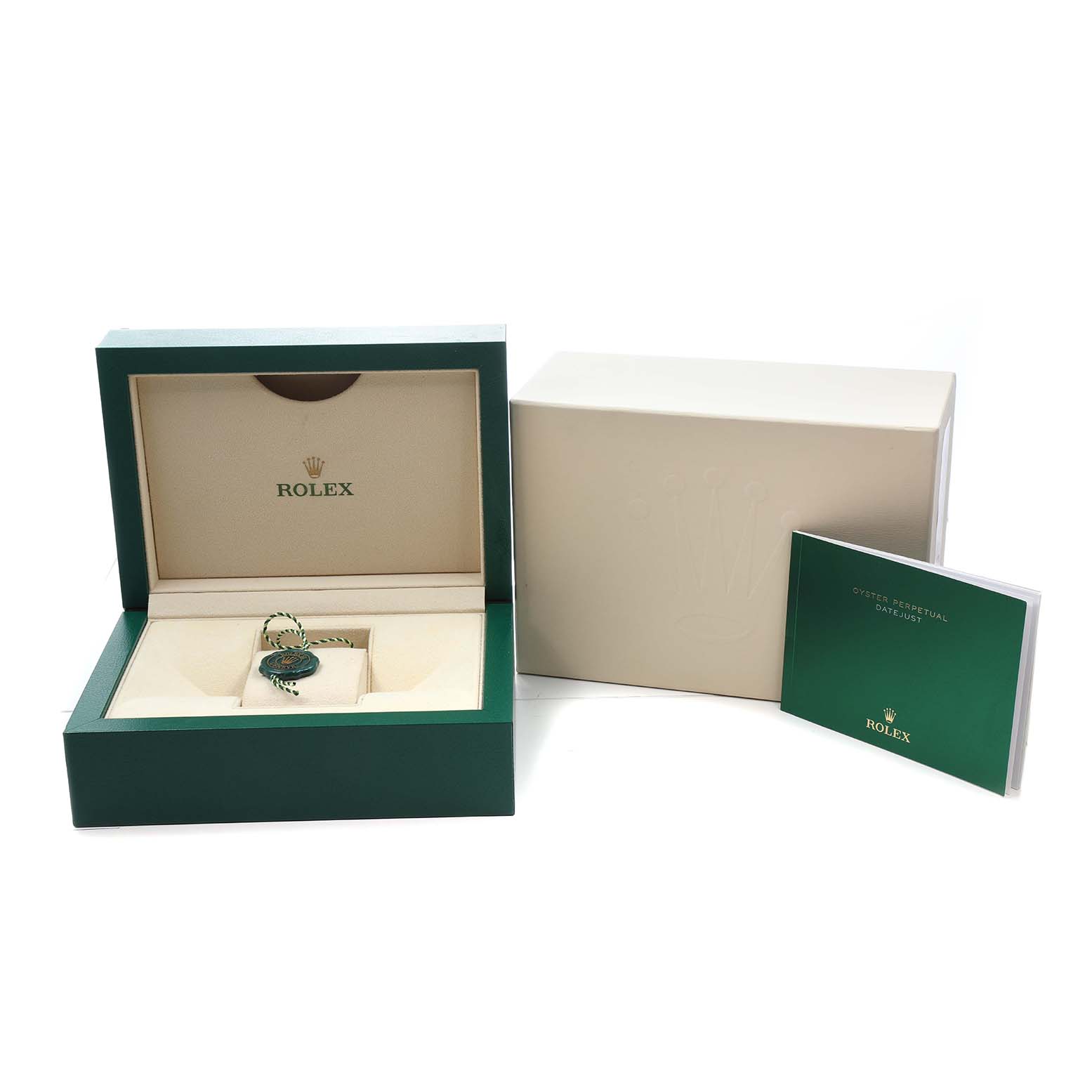 The image shows the packaging and manual of a Rolex Datejust Midsize 31 model, with the box open and no visible watch.