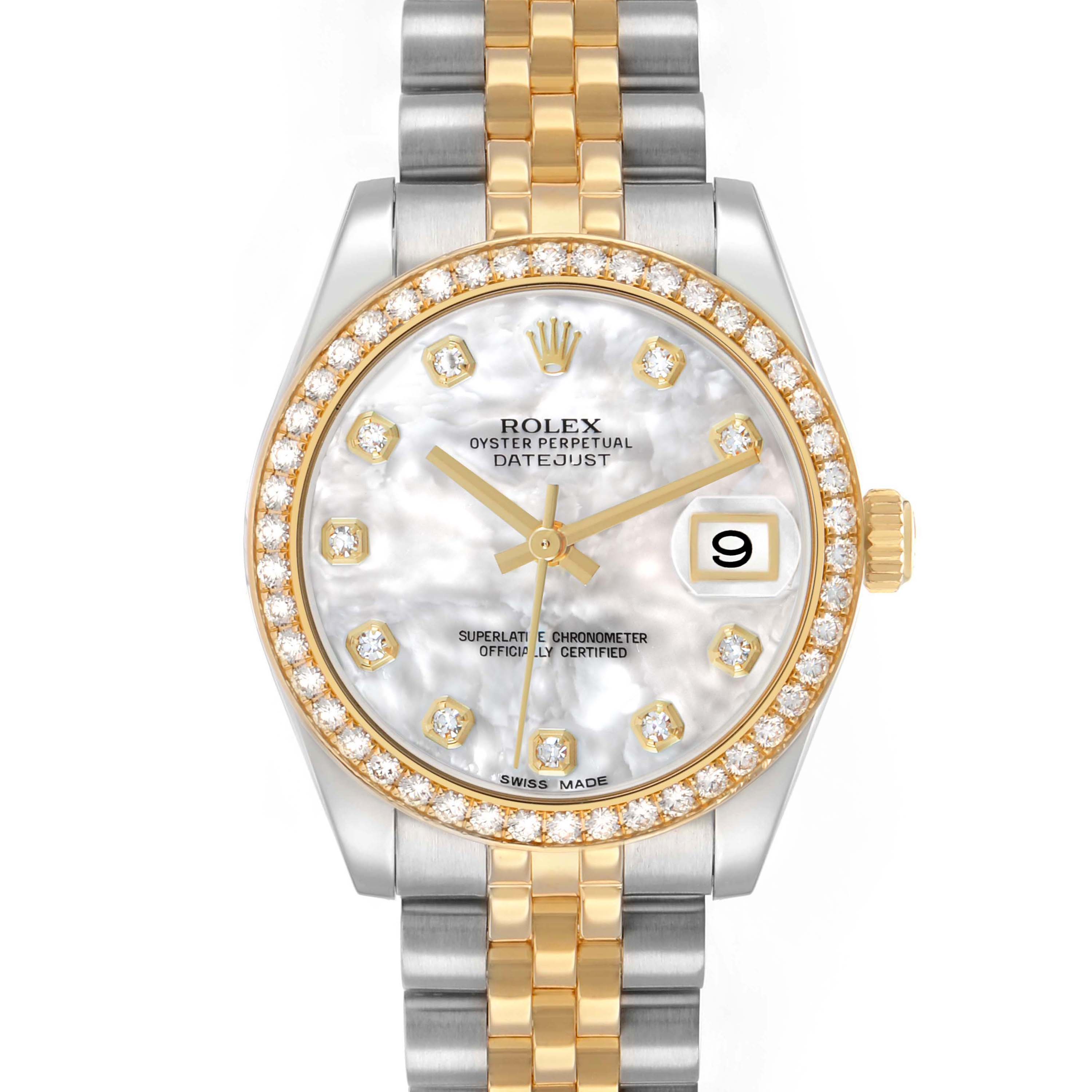 The Rolex Datejust Midsize 31 model is shown from a front angle, highlighting its diamond bezel, mother-of-pearl dial, and two-tone bracelet.