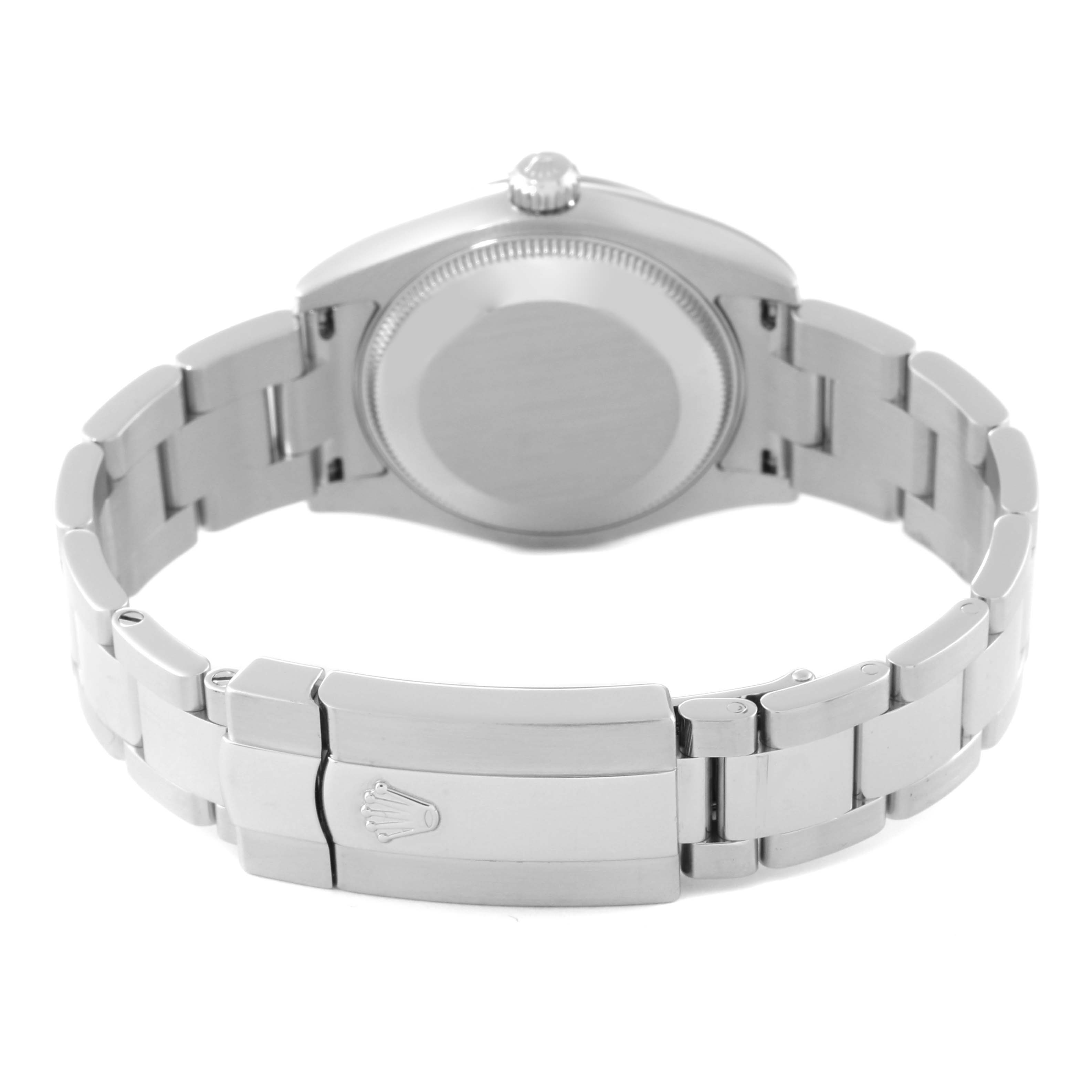 The image shows the back view of a Rolex Mid-Size 178274 Women
s Stainless Steel Mother of Pearl Dial 178274 Women
s Stainless Steel Mother of Pearl Dial watch, highlighting its case back, crown, and metal bracelet with the clasp.