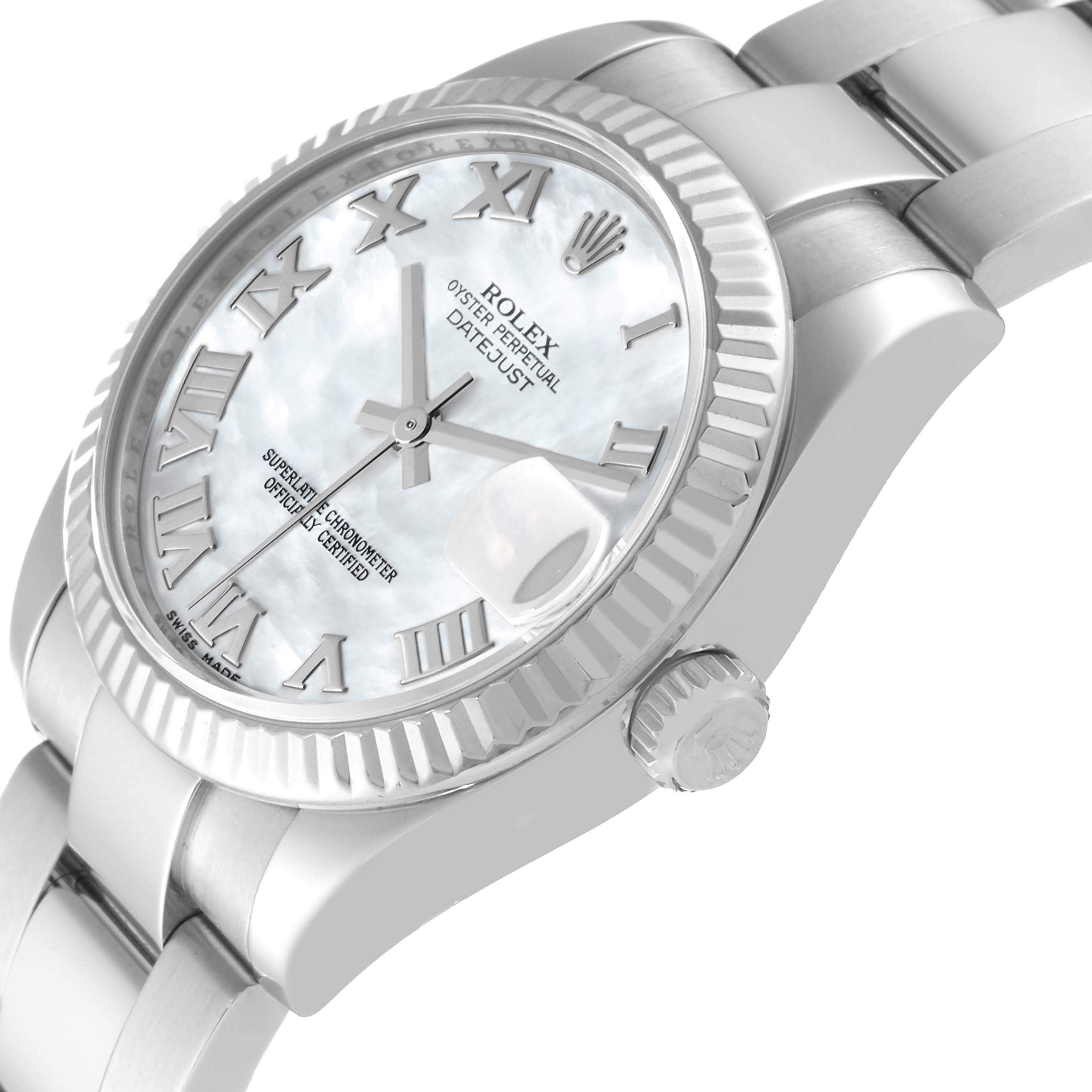 The image shows a Rolex Mid-Size 178274 Women
s Stainless Steel Mother of Pearl Dial 178274 Women
s Stainless Steel Mother of Pearl Dial Datejust watch at an angled close-up, highlighting the dial, bezel, and a portion of the bracelet.