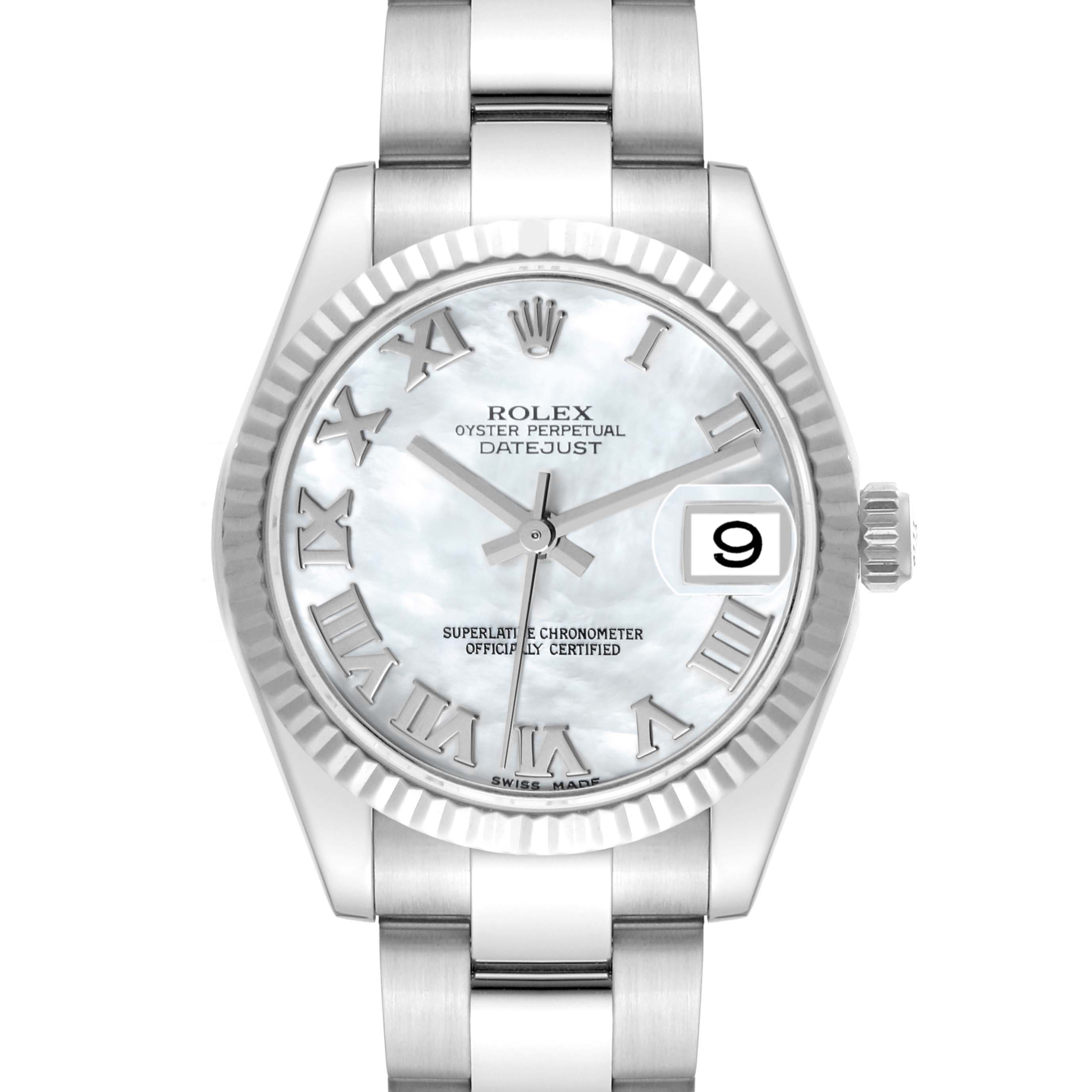 This image shows a front view of a Rolex Mid-Size 178274 Women
s Stainless Steel Mother of Pearl Dial 178274 Women
s Stainless Steel Mother of Pearl Dial Datejust watch, highlighting the dial, bezel, and bracelet.