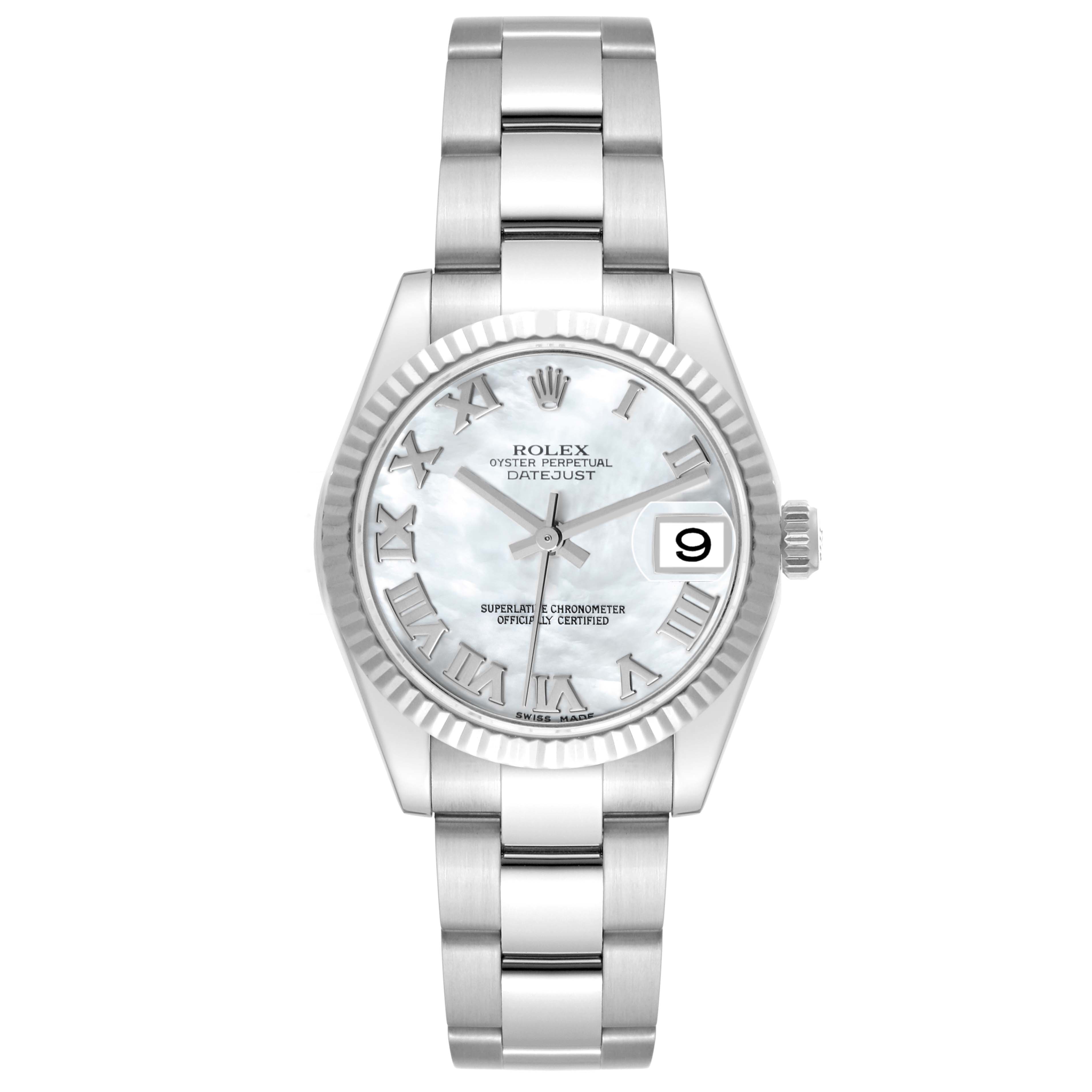 The image shows a front view of the Rolex Oyster Perpetual Datejust Mid-Size watch, displaying the face, bezel, and bracelet.