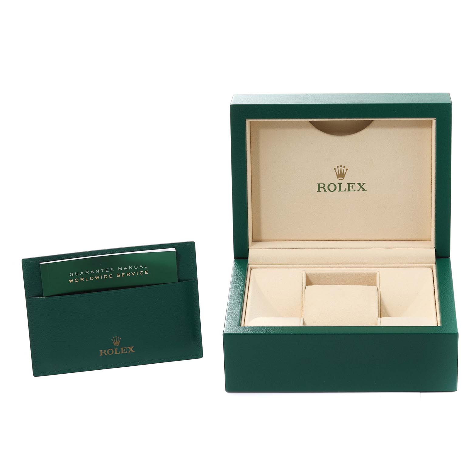 This image shows the packaging and guarantee manual for a Rolex Mid-Size 178274 Women
s Stainless Steel Mother of Pearl Dial 178274 Women
s Stainless Steel Mother of Pearl Dial model watch, featuring a green box and booklet.