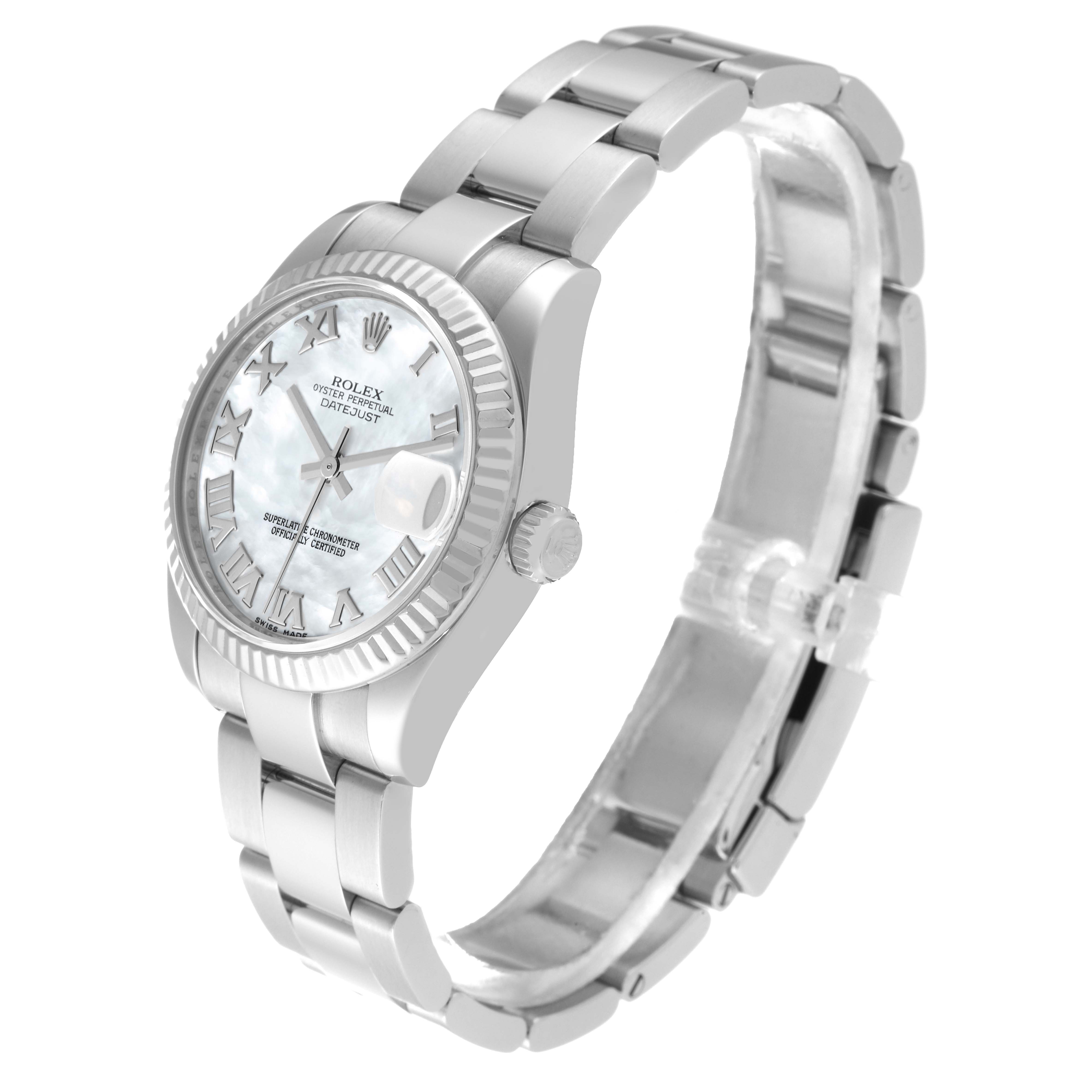 The image shows a side angle of a Rolex Mid-Size 178274 Women
s Stainless Steel Mother of Pearl Dial 178274 Women
s Stainless Steel Mother of Pearl Dial Datejust watch, showcasing the case, crown, bracelet, and dial.