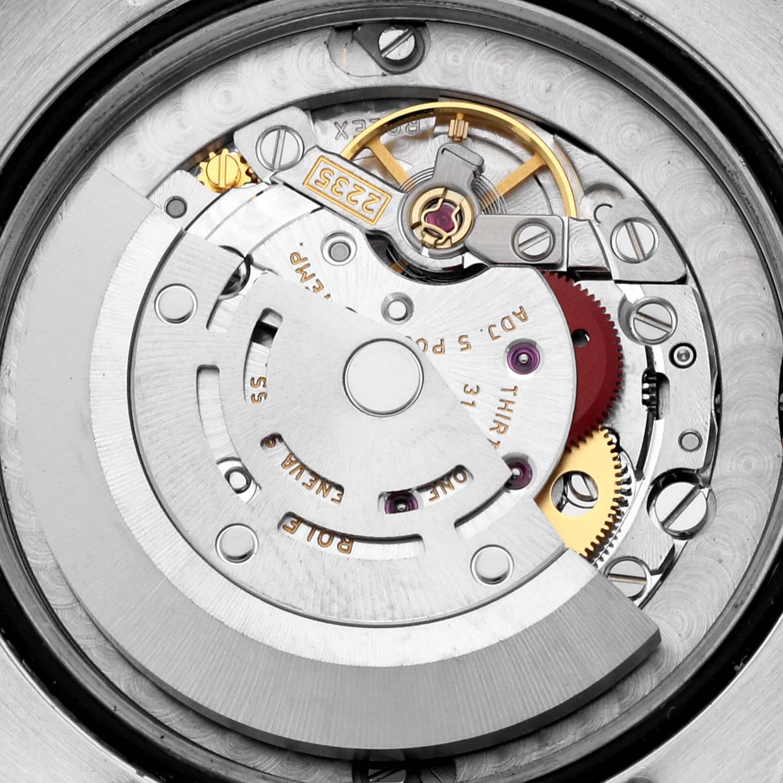 This image shows the internal mechanical movement of a Rolex Mid-Size 178274 Women
s Stainless Steel Mother of Pearl Dial 178274 Women
s Stainless Steel Mother of Pearl Dial watch from a close-up, top-down angle.